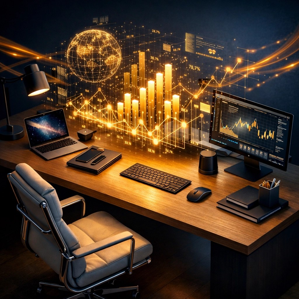 Modern office workspace with digital financial charts illustrating business growth and QBI tax deduction strategies.