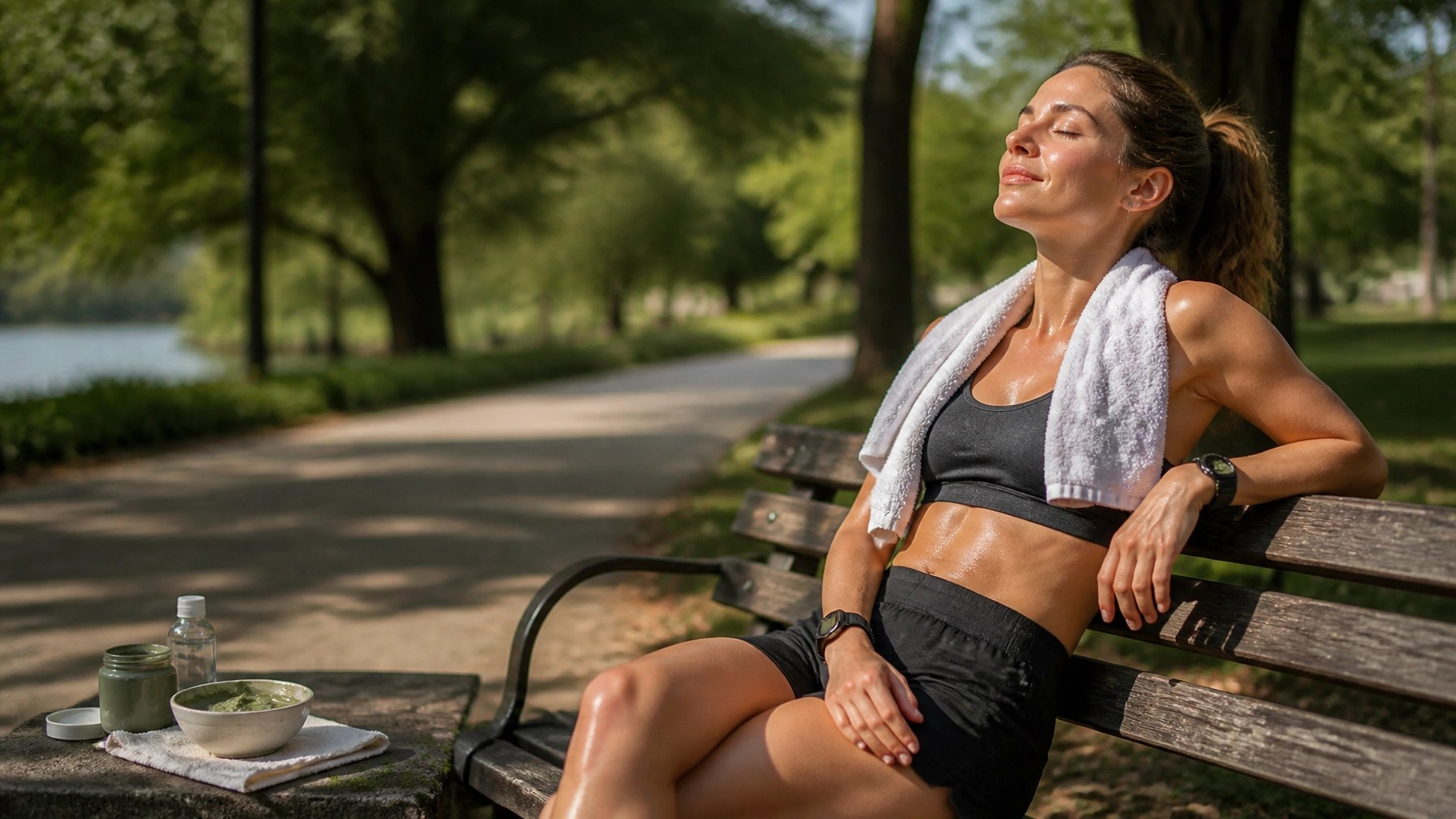 A runner sitting on a park bench after a workout, looking relaxed, with a clay recovery kit visible in the background.
