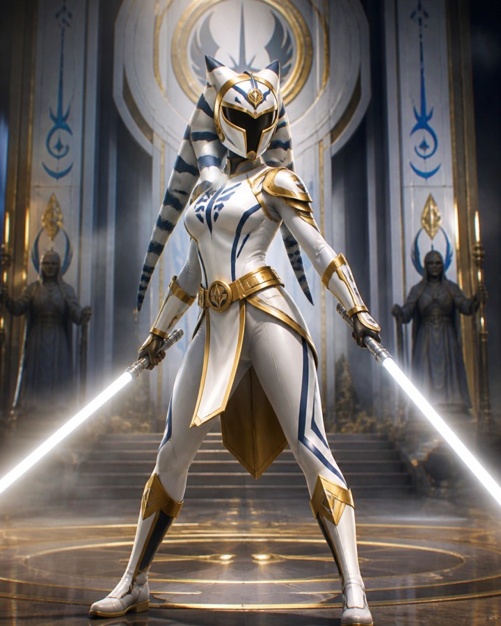 An elegant White Power Ranger with head-tails and white energy swords.