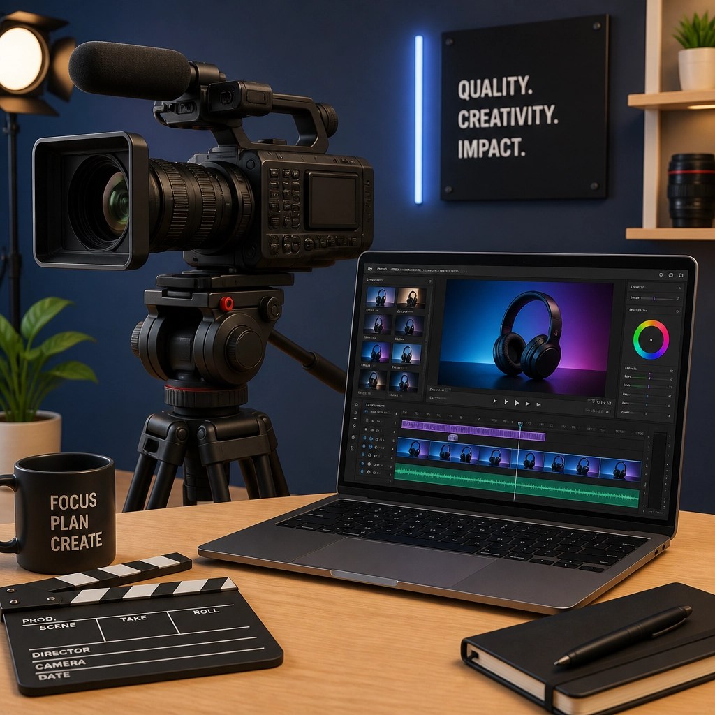 3D illustration of a professional video camera next to a laptop