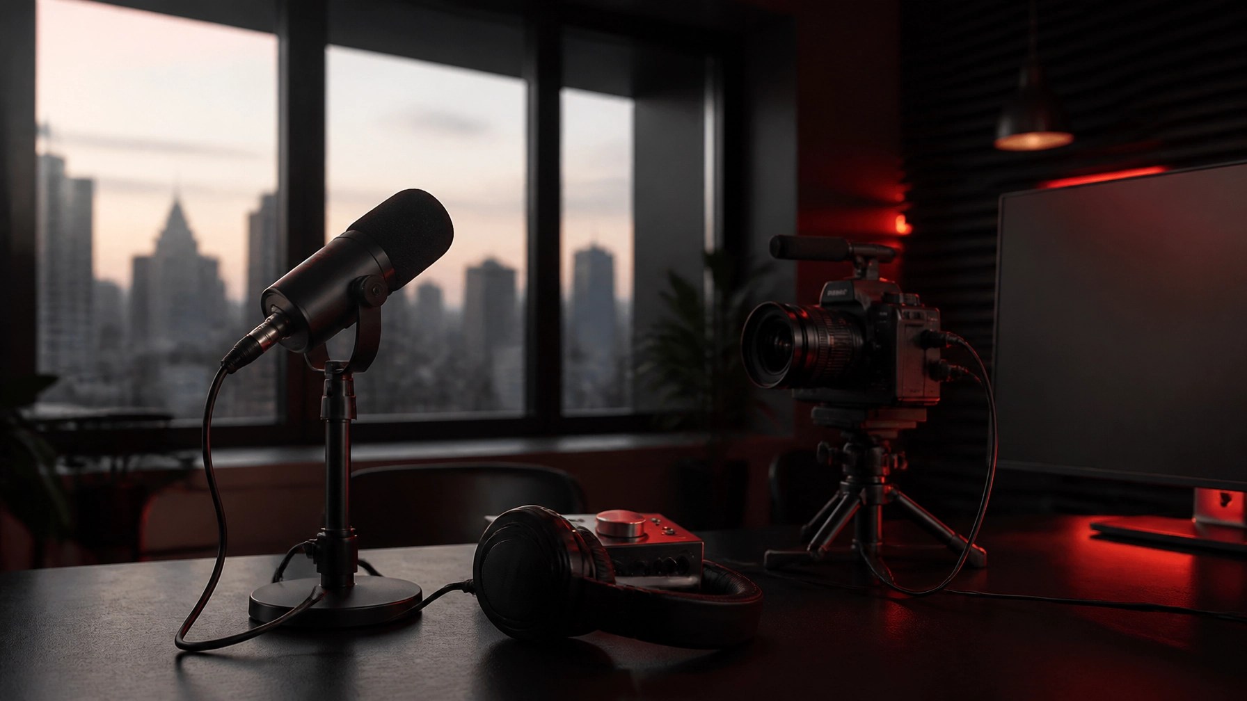 Hybrid media studio with podcast microphone, camera, audio interface, and New York skyline