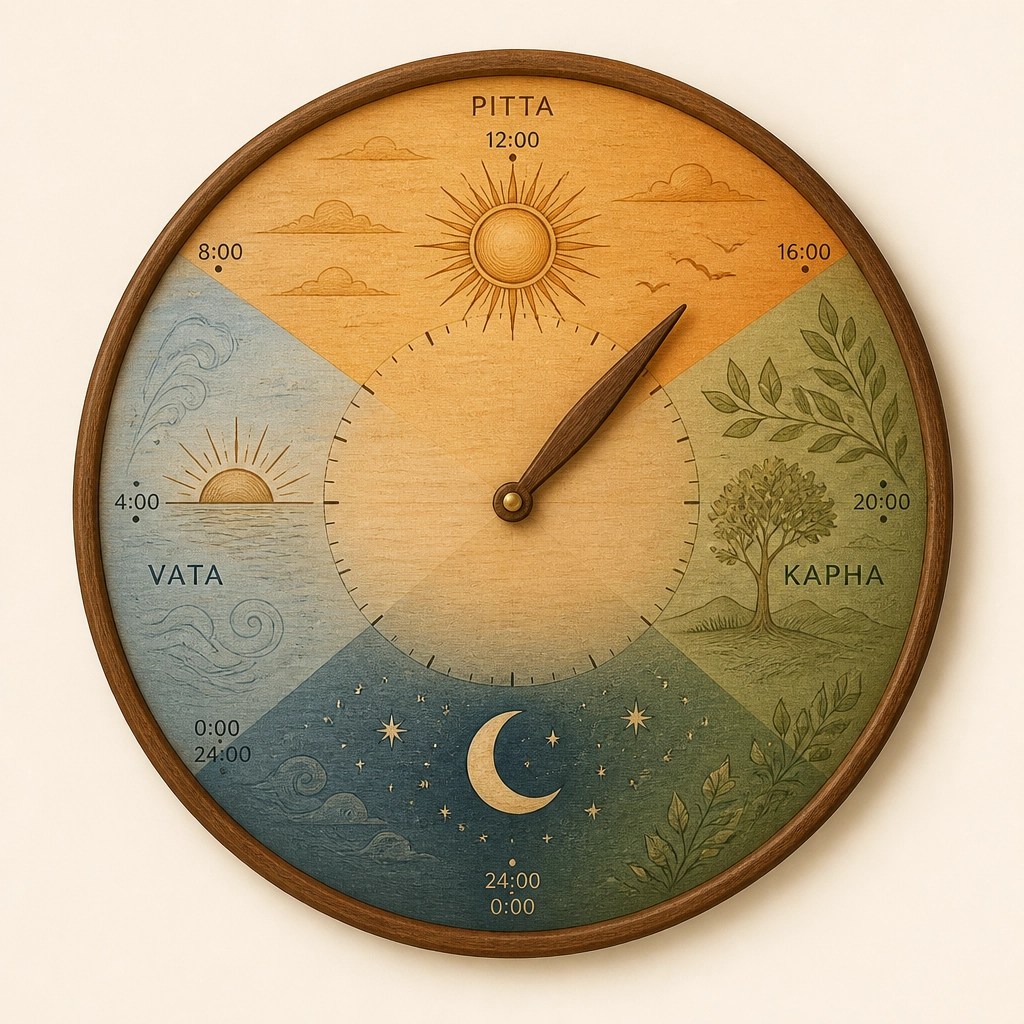 A stylized artistic representation of the 24-hour Ayurvedic dosha clock