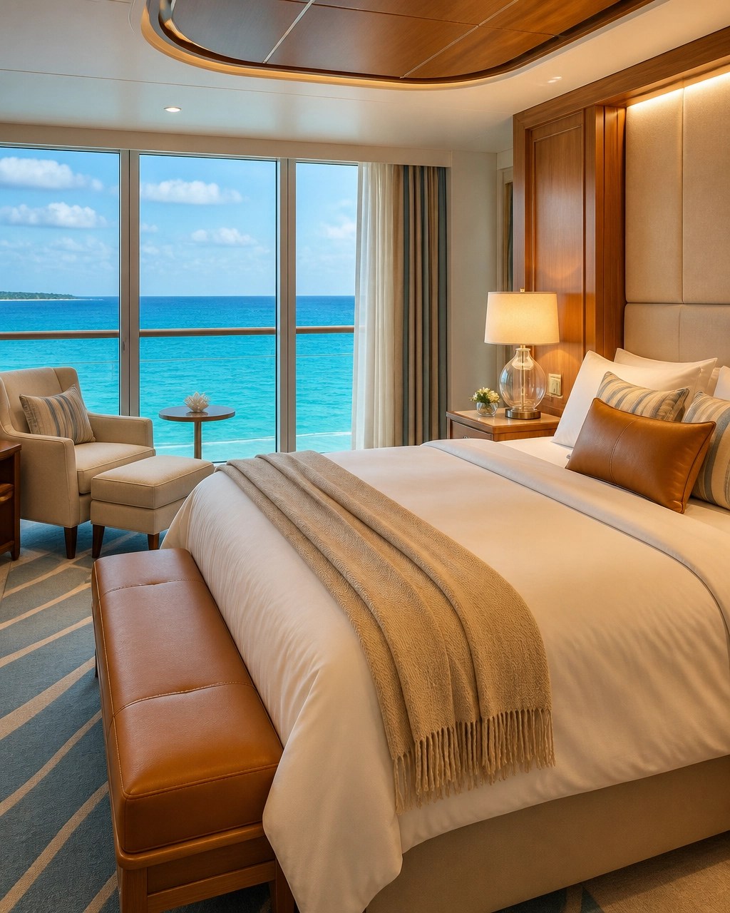 Elegant empty cruise ship suite with ocean-view windows and cream bedding
