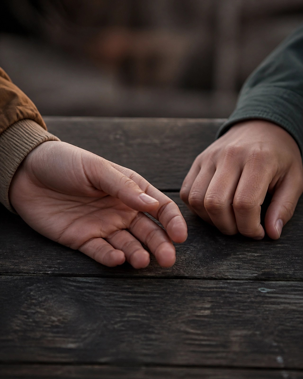 Close-up of two sets of hands resting near each other on a weathered wooden bench