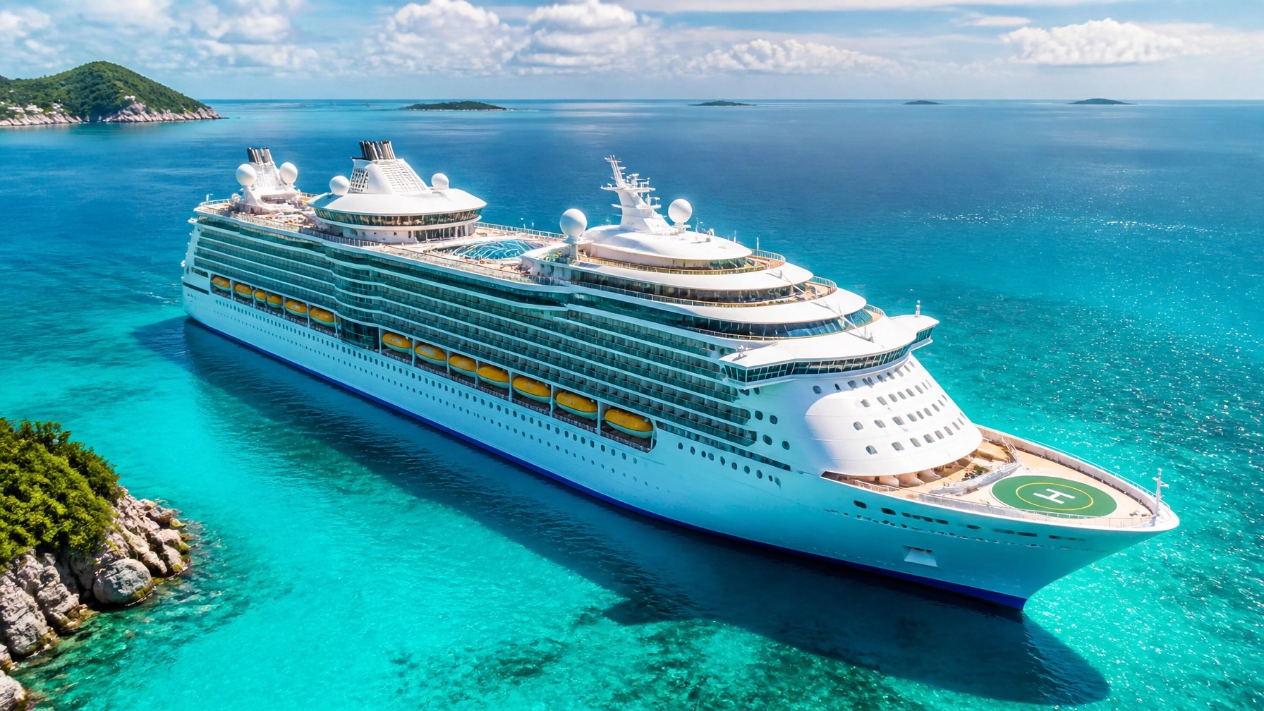 Modern cruise ship sailing through vivid turquoise water under sunny skies
