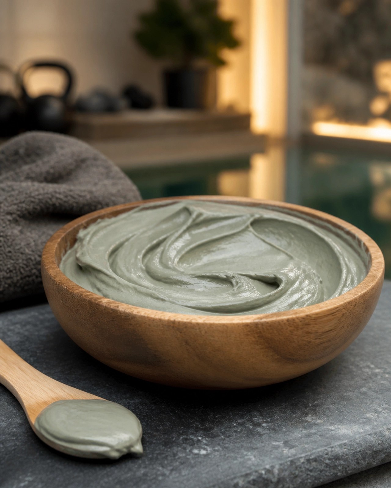 An artistic close-up of French green clay paste in a natural wooden bowl on a stone surface.
