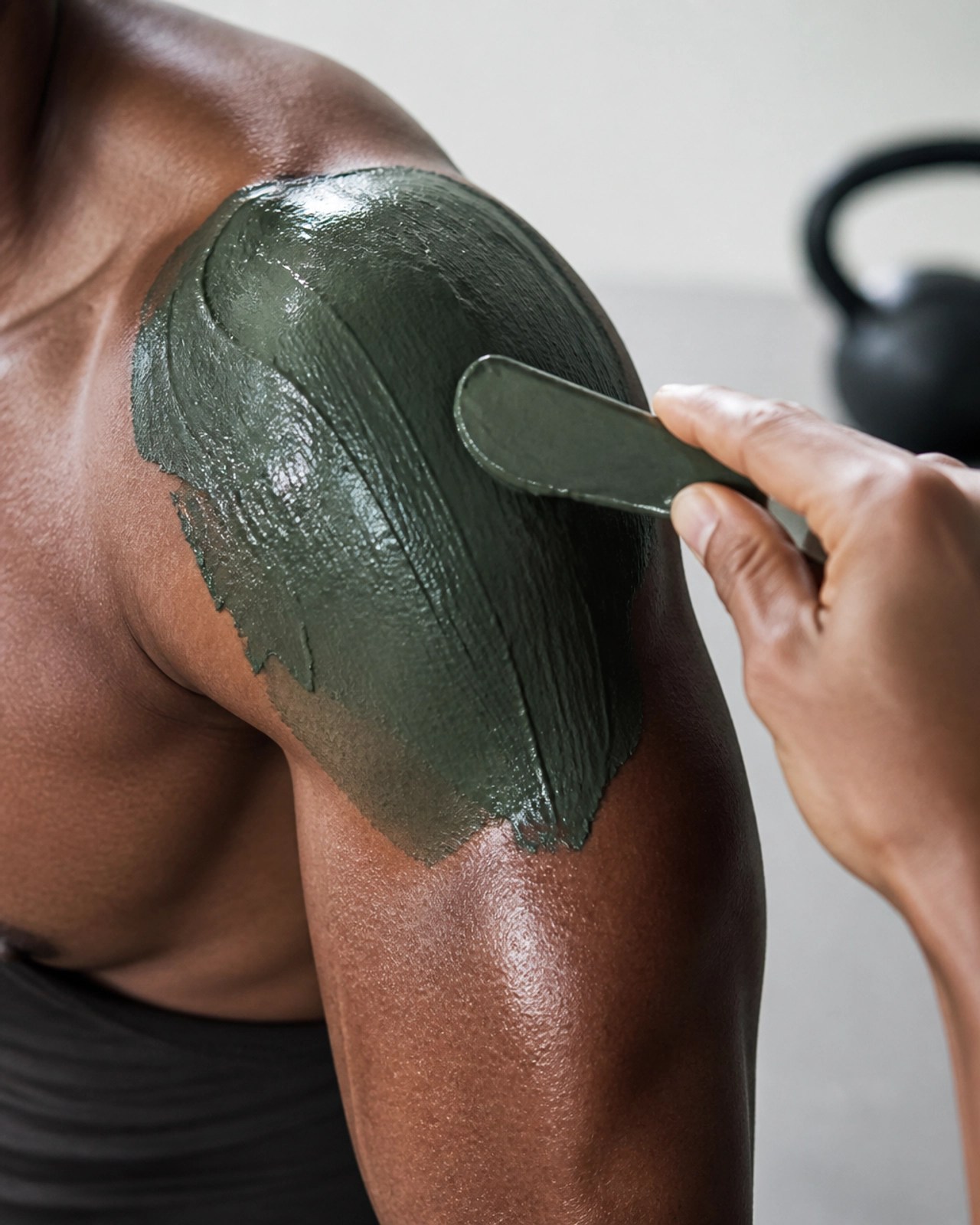 Rich green clay paste applied to an athlete's knee for recovery