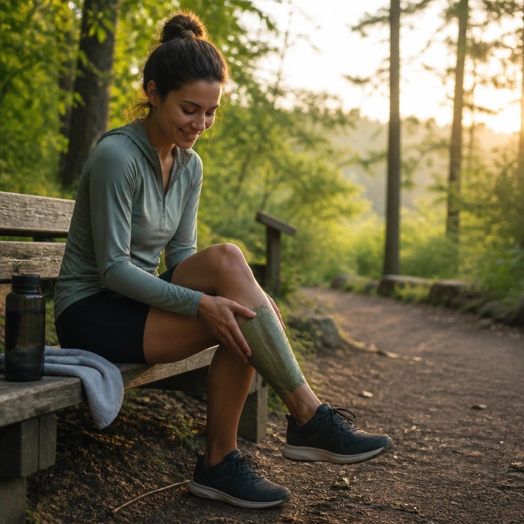 An athlete relaxing on a park bench with a green clay wrap on their leg