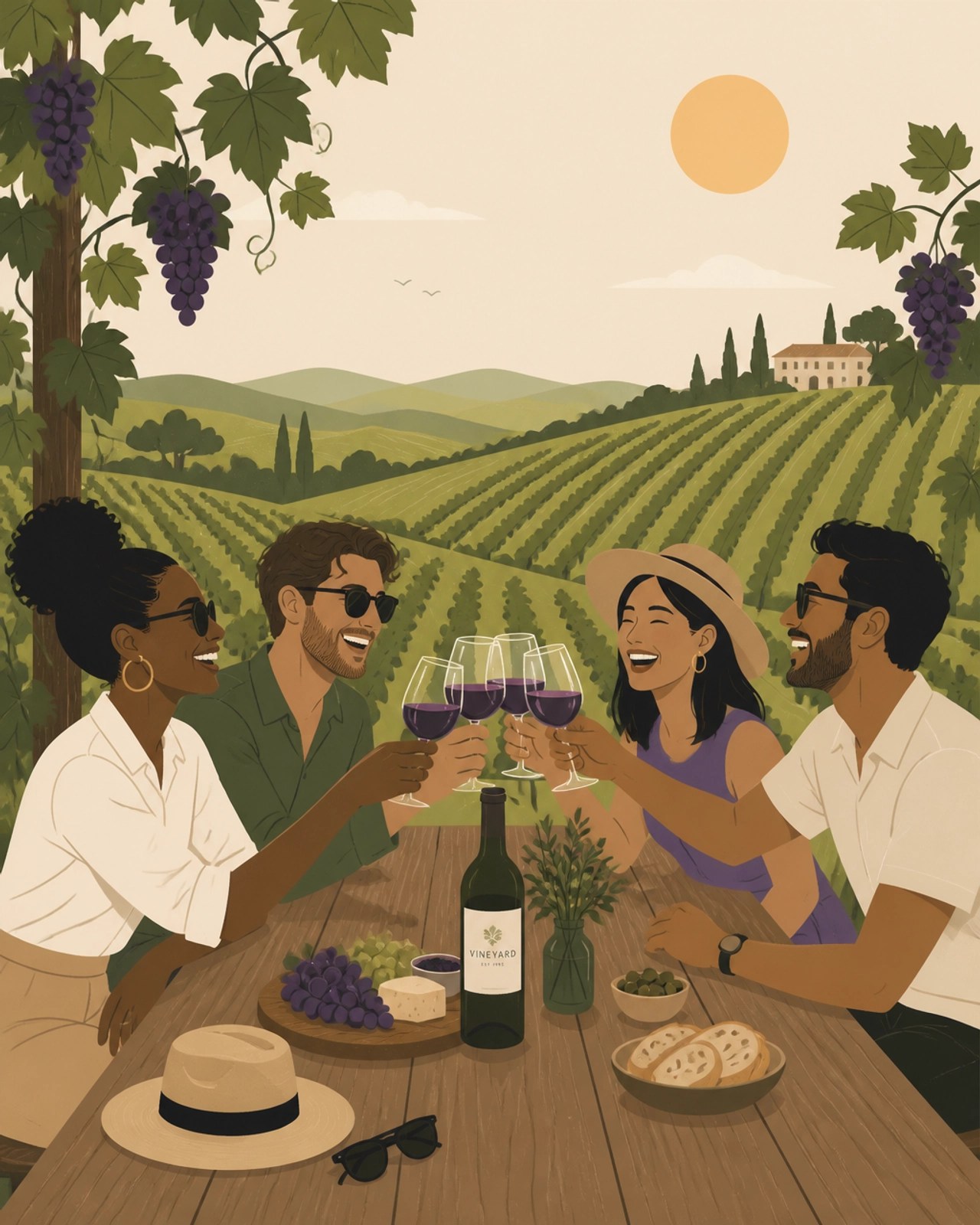 Illustration of friends enjoying a wine tasting together in the sun