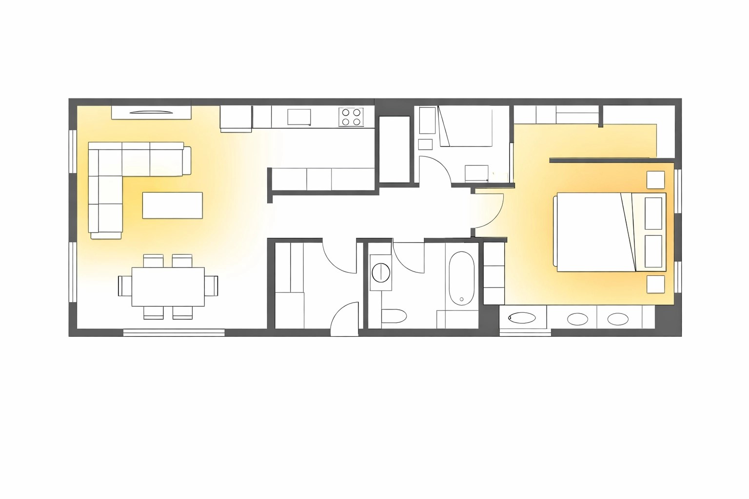 Modern minimalist floor plan illustration showing a custom house layout.