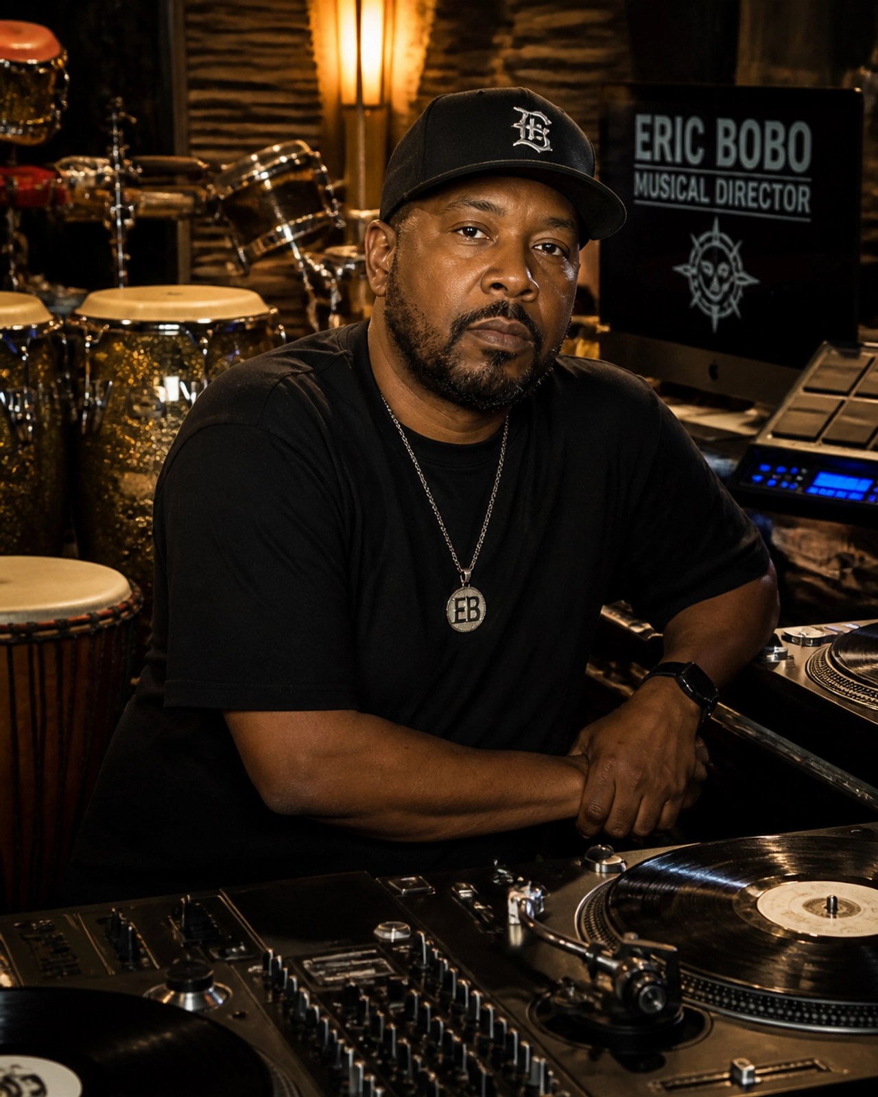 Eric Bobo in a professional studio setting directing the sound of Dios Bendiga