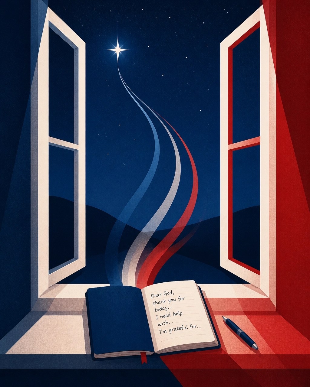 An open journal beside a window at night, symbolizing an unfiltered prayer reaching toward God
