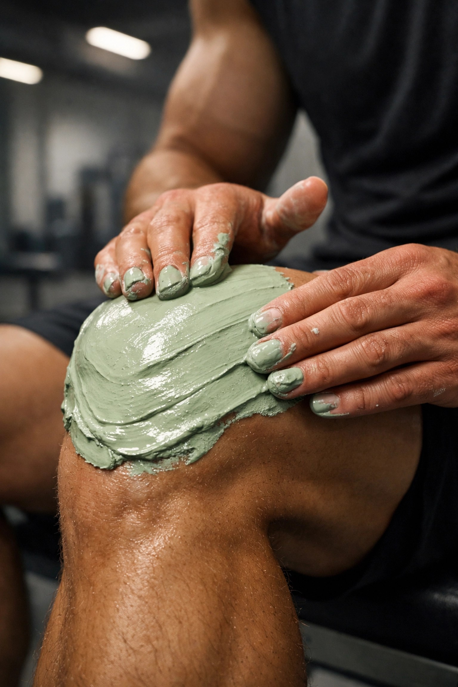 Athlete applying a thick layer of green healing clay to a knee for sports recovery and inflammation.