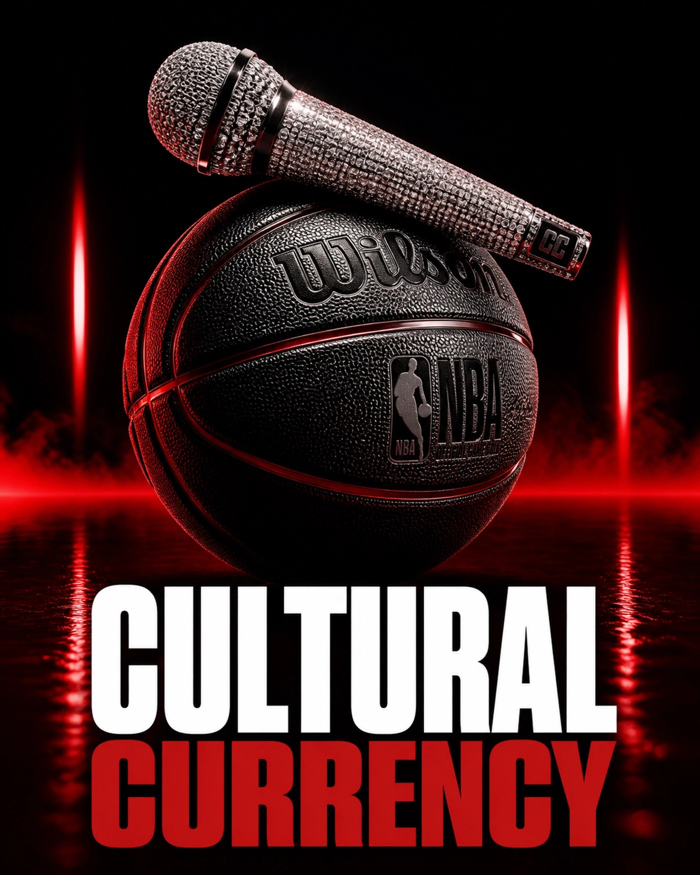 A luxury diamond microphone on a basketball showing the fusion of hip hop and NBA culture.