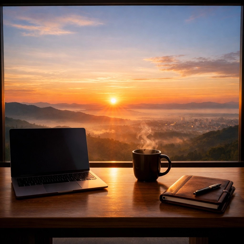 An organized desk with a sunrise view symbolizing independence and growth for an insurance agency owner.