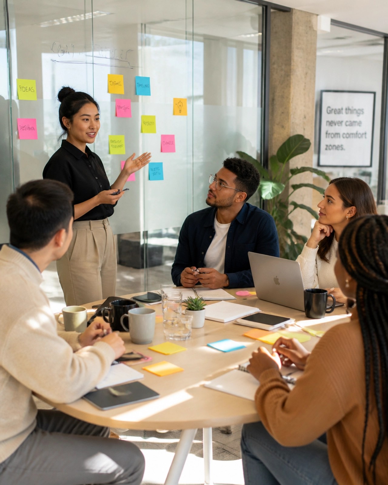An authentic and diverse group of early career professionals collaborating around a table in a bright conference room, brainstorming with sticky notes on a glass wall