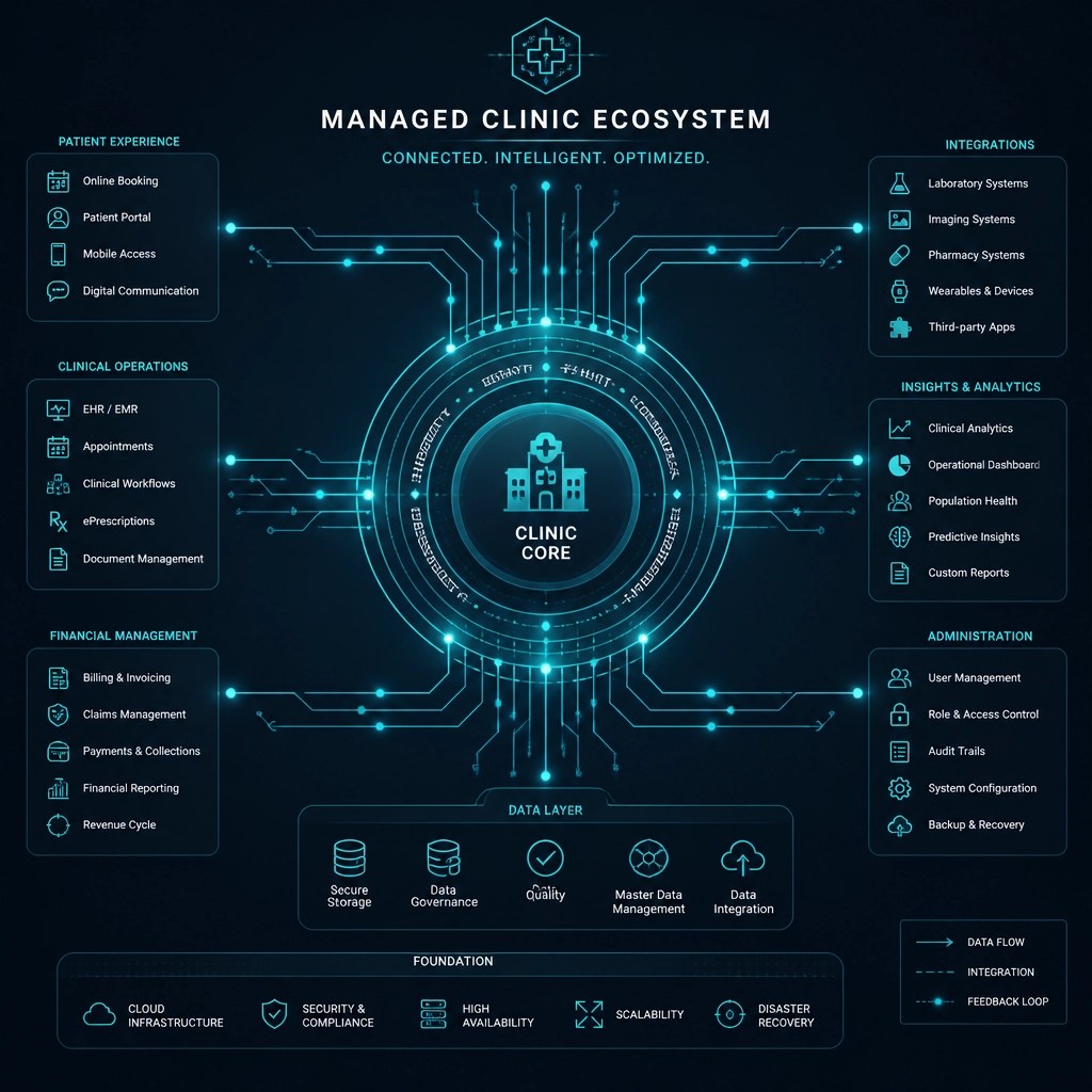 Abstract data flows and nodes representing a resilient, always-on digital infrastructure for healthcare.