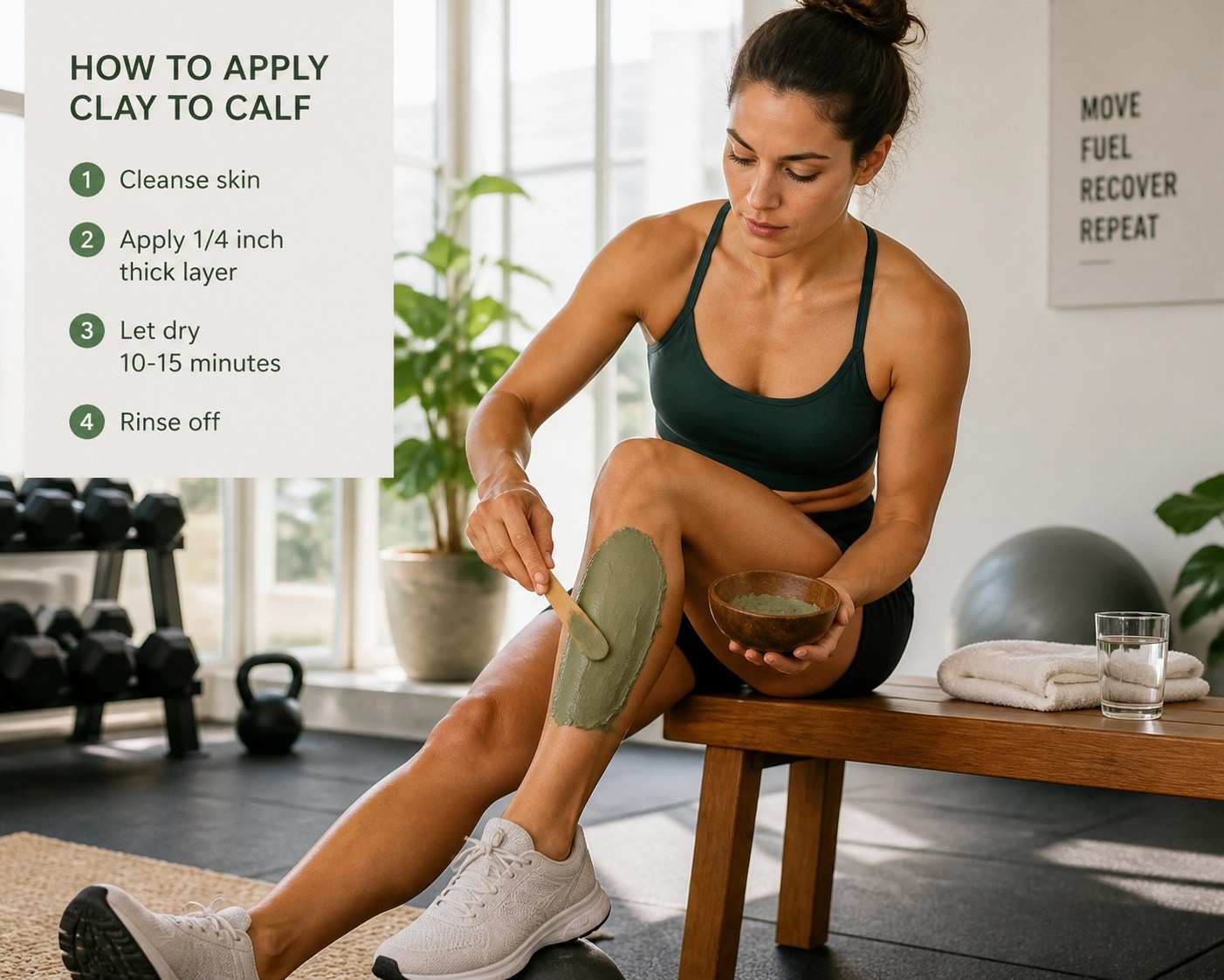 Athlete applying a thick layer of Clayer green clay to calf muscle for sports recovery.
