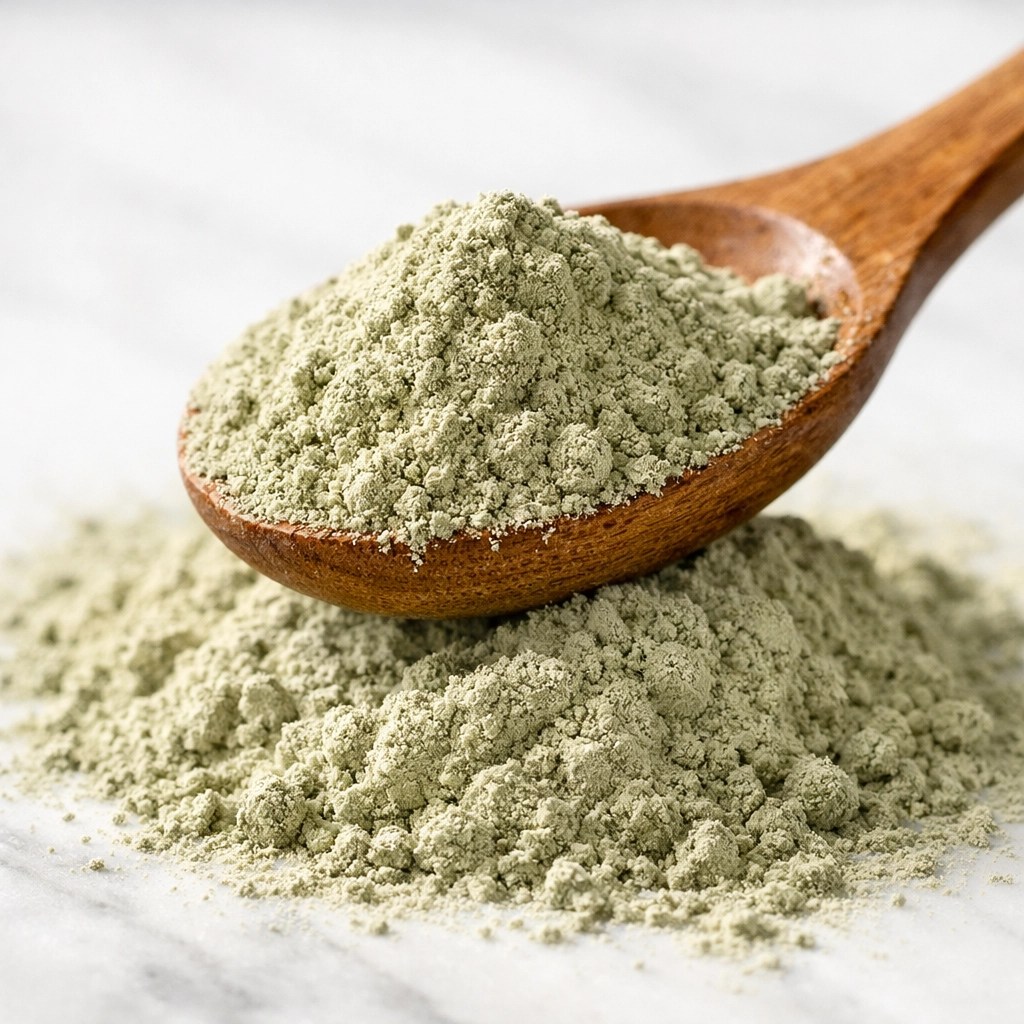 Pure French green clay powder on a wooden spoon, ideal for healing clay body wraps.
