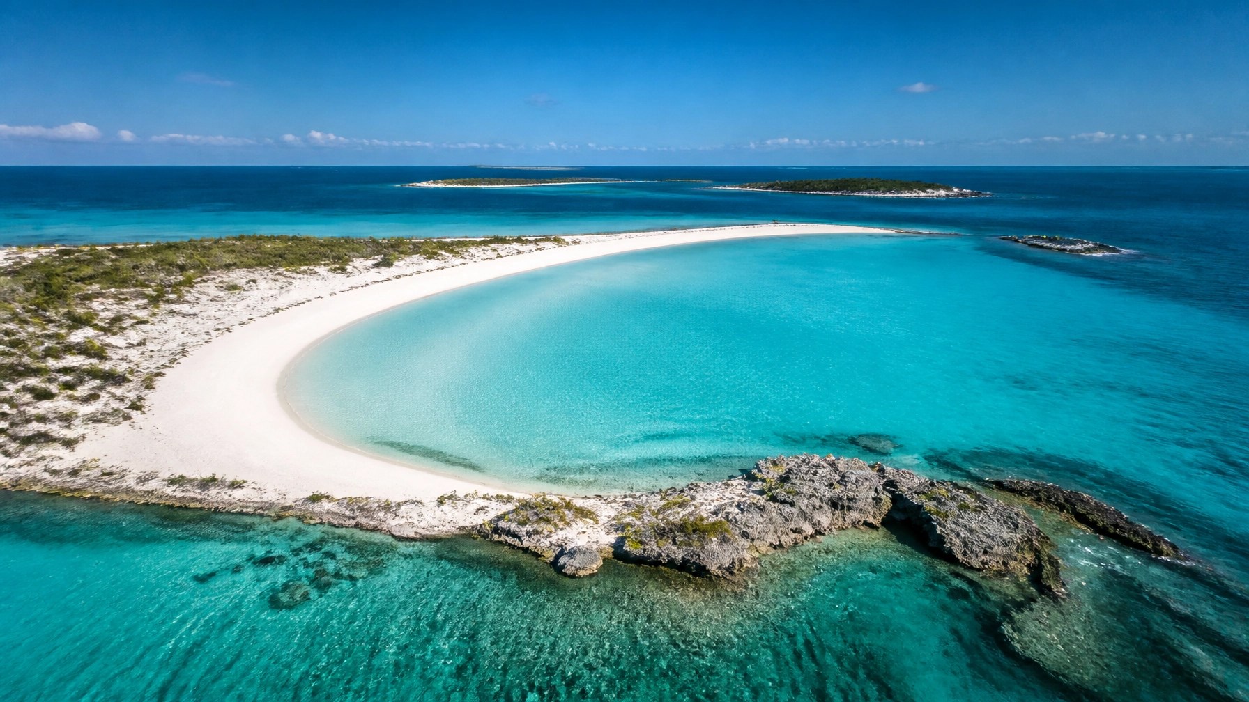 Aerial view of a secluded white-sand cay and turquoise lagoon near Providenciales