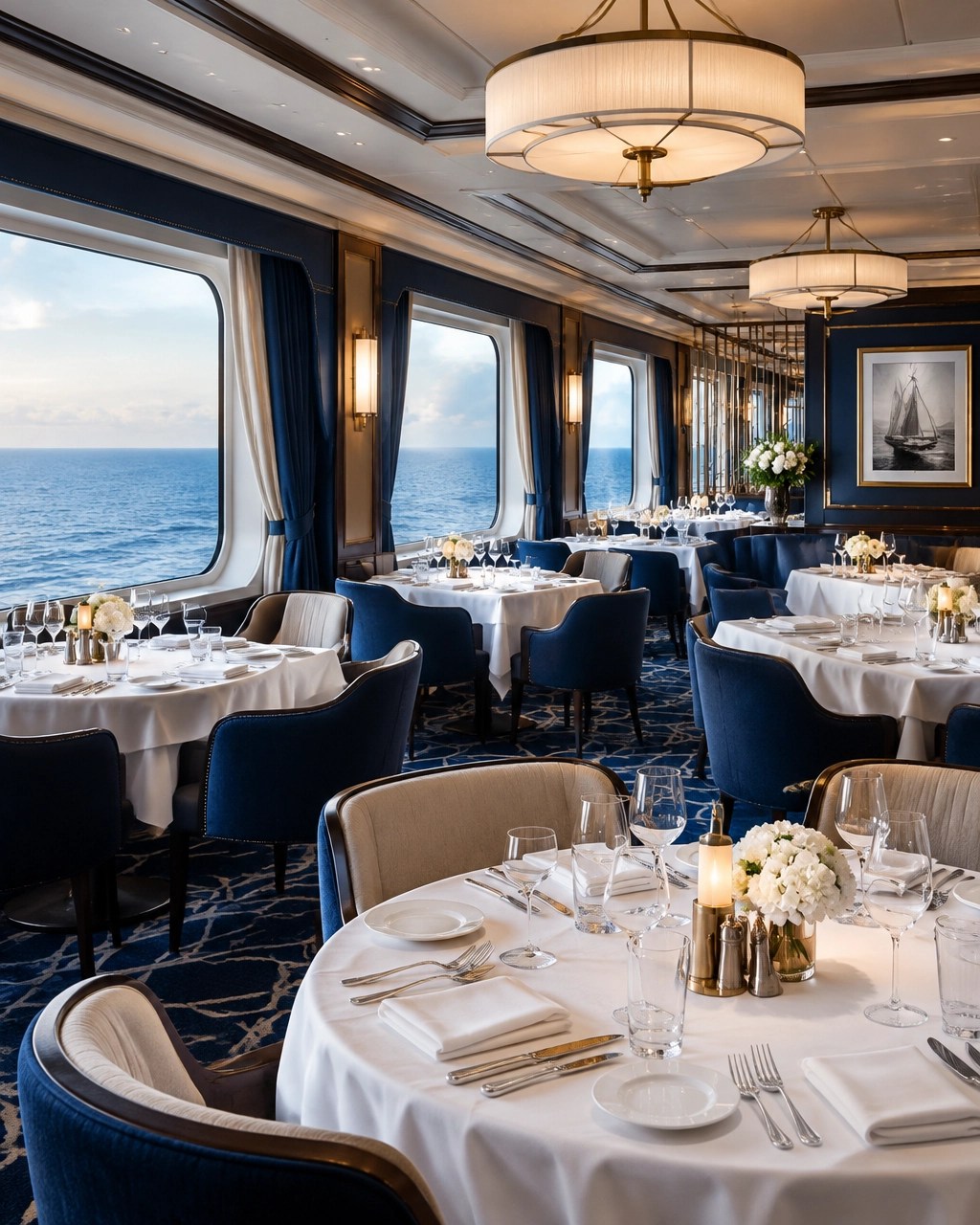 Elegant empty Holland America-inspired cruise dining room with ocean views and warm lighting