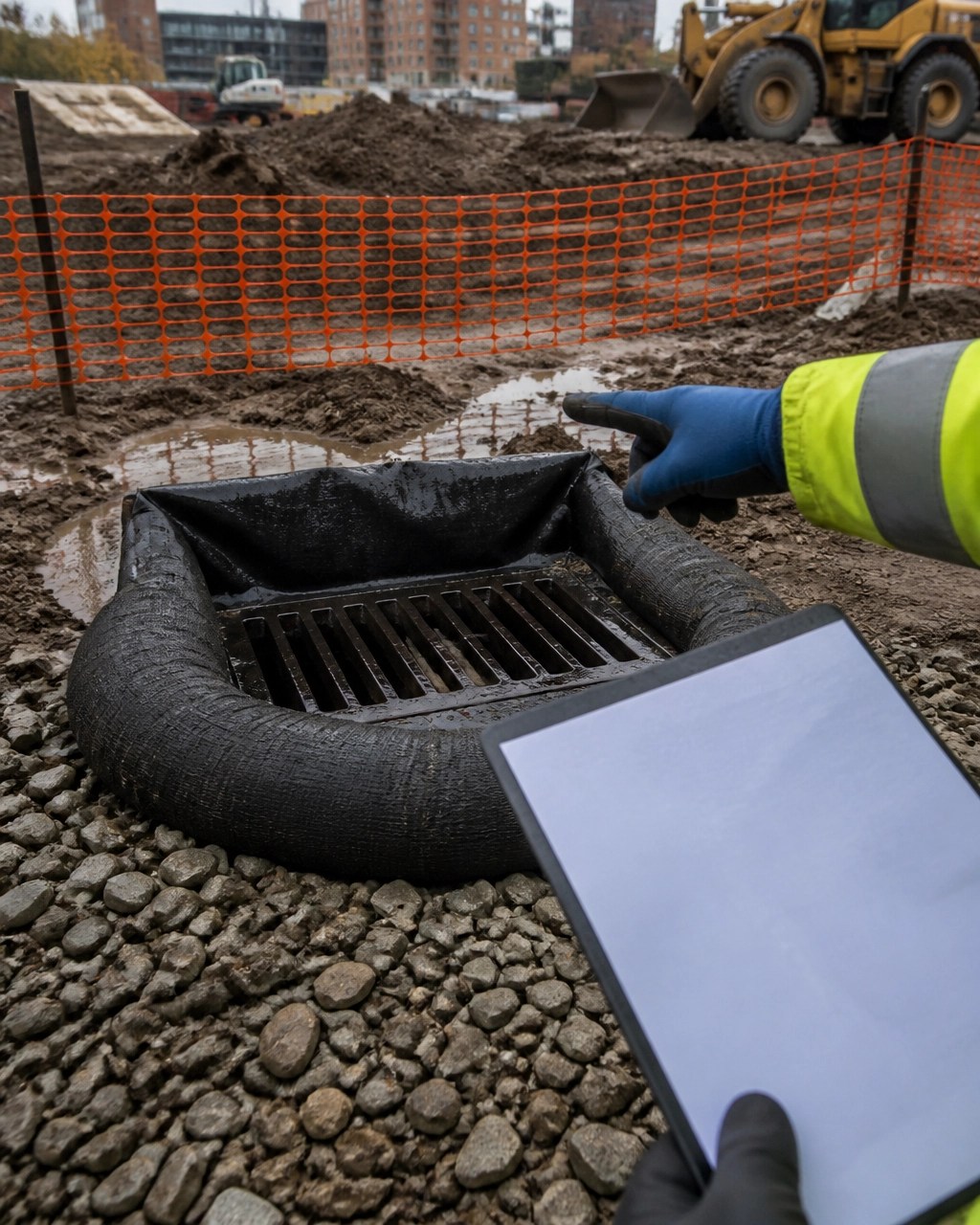 Protected storm drain inlet with sediment controls during a construction site inspection
