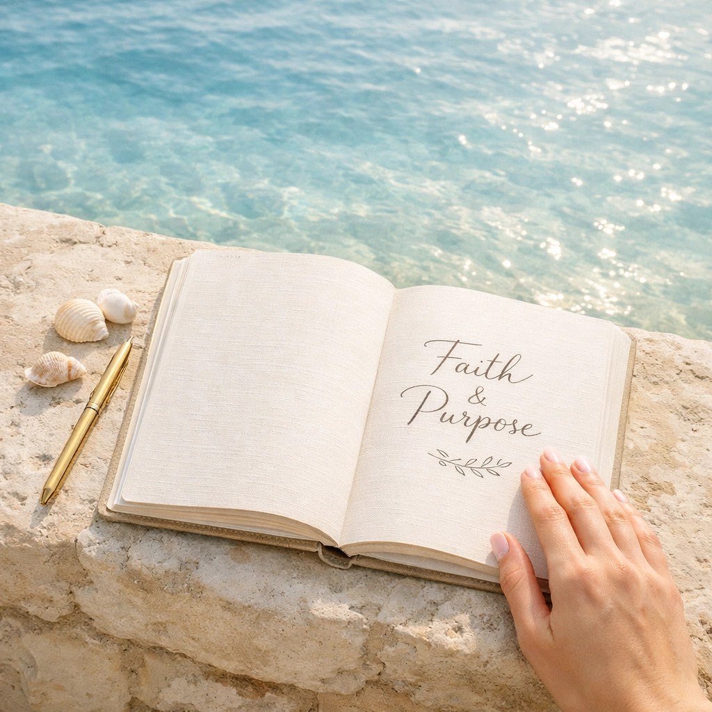 A linen faith journal on a stone ledge by the ocean, ideal for bible journaling and purposeful planning.