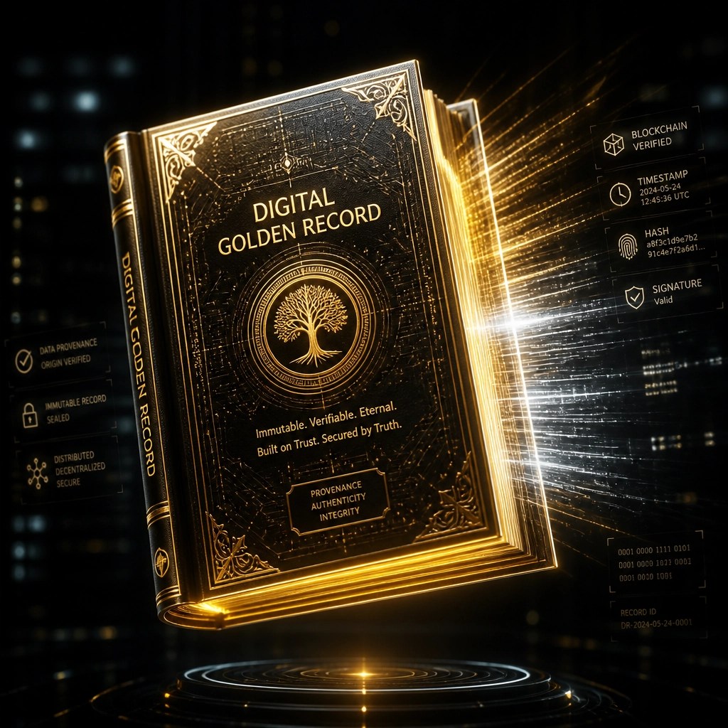 A 3D render of a glowing, metallic book representing the 'Digital Golden Record' of immutable provenance.