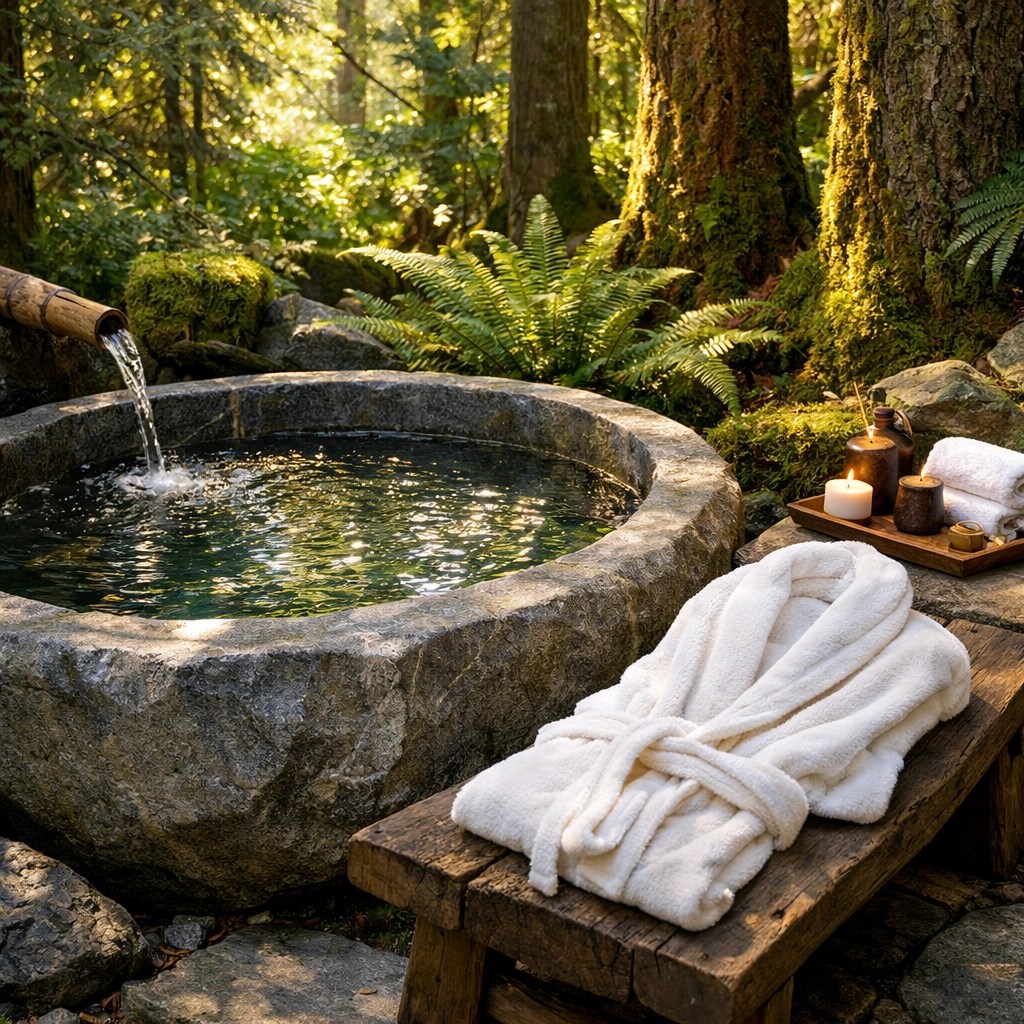 Private outdoor luxury wellness sanctuary featuring a stone soaking tub nestled in a lush, green forest setting.
