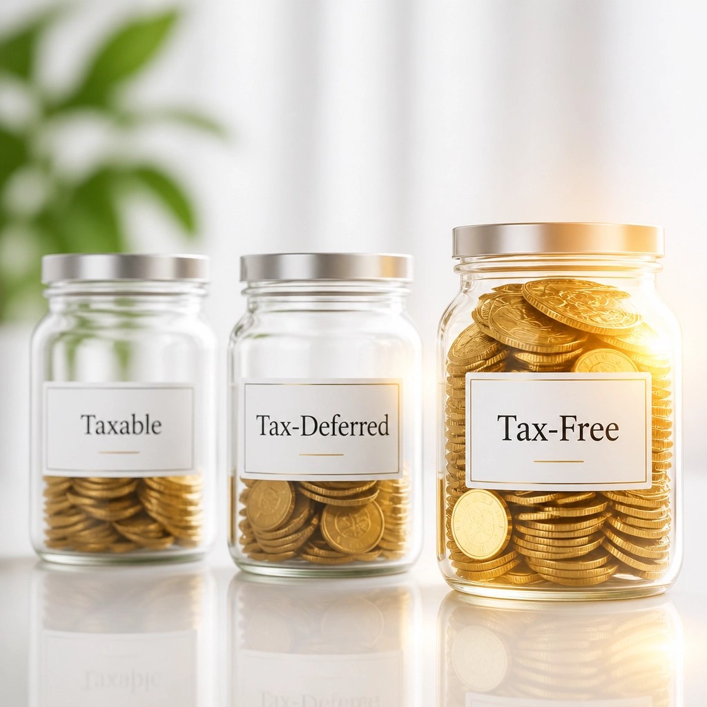 Three jars labeled Taxable, Tax-Deferred, and Tax-Free, showing the balance of wealth