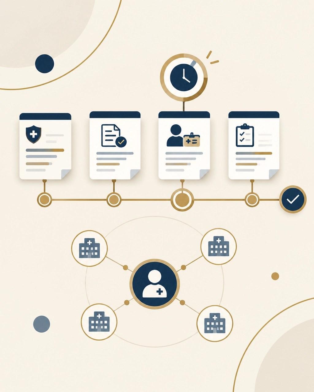 Abstract timeline with document cards and connected provider nodes representing authorization and credentialing tracking