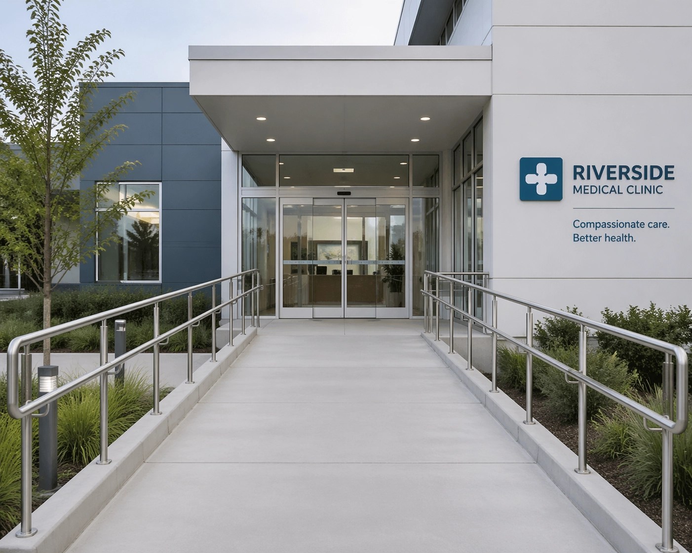 Modern medical building entrance featuring a wide, accessible concrete ramp and stainless steel railings.