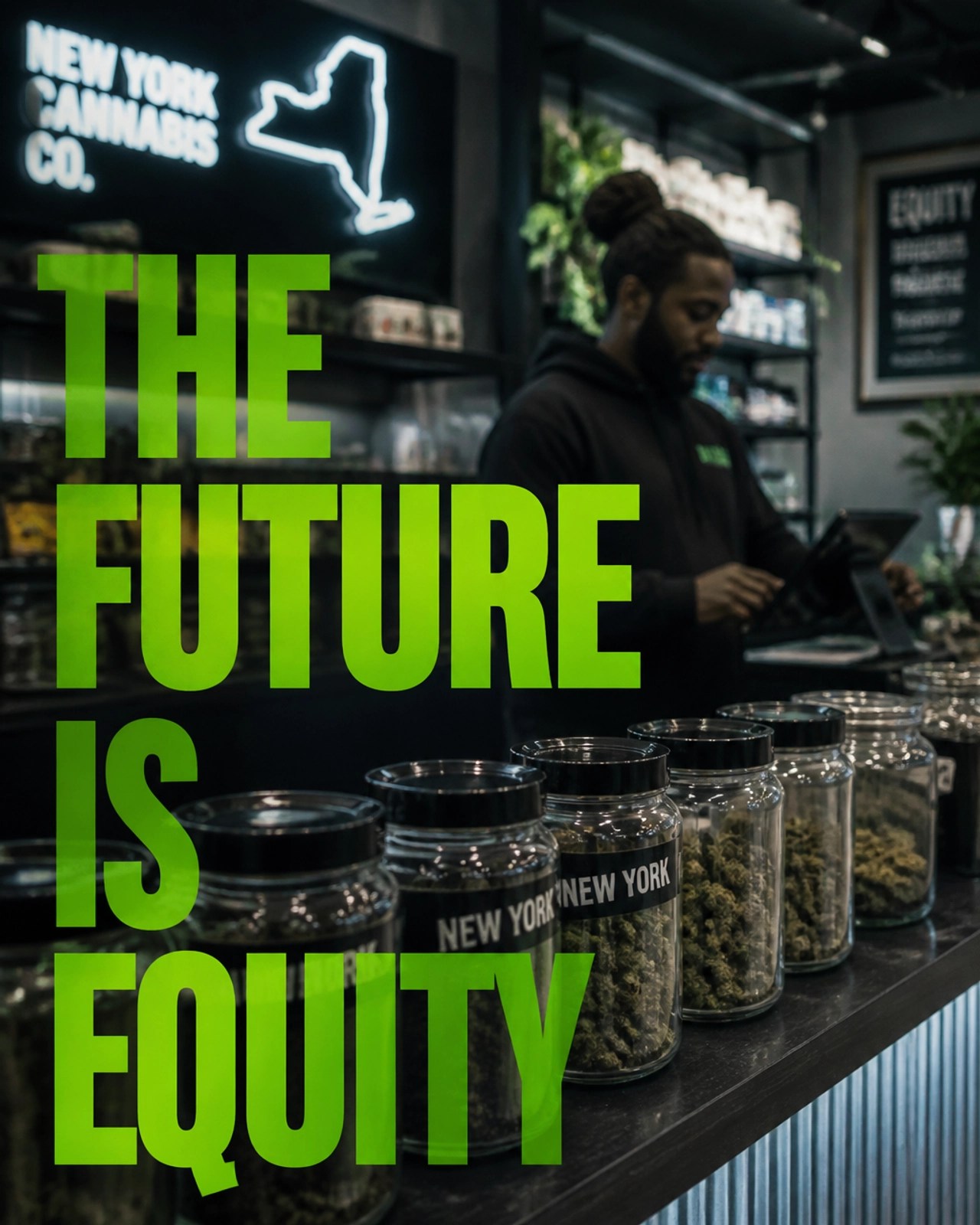 A modern sleek legal cannabis dispensary interior with a bold green text overlay saying 'THE FUTURE IS EQUITY'
