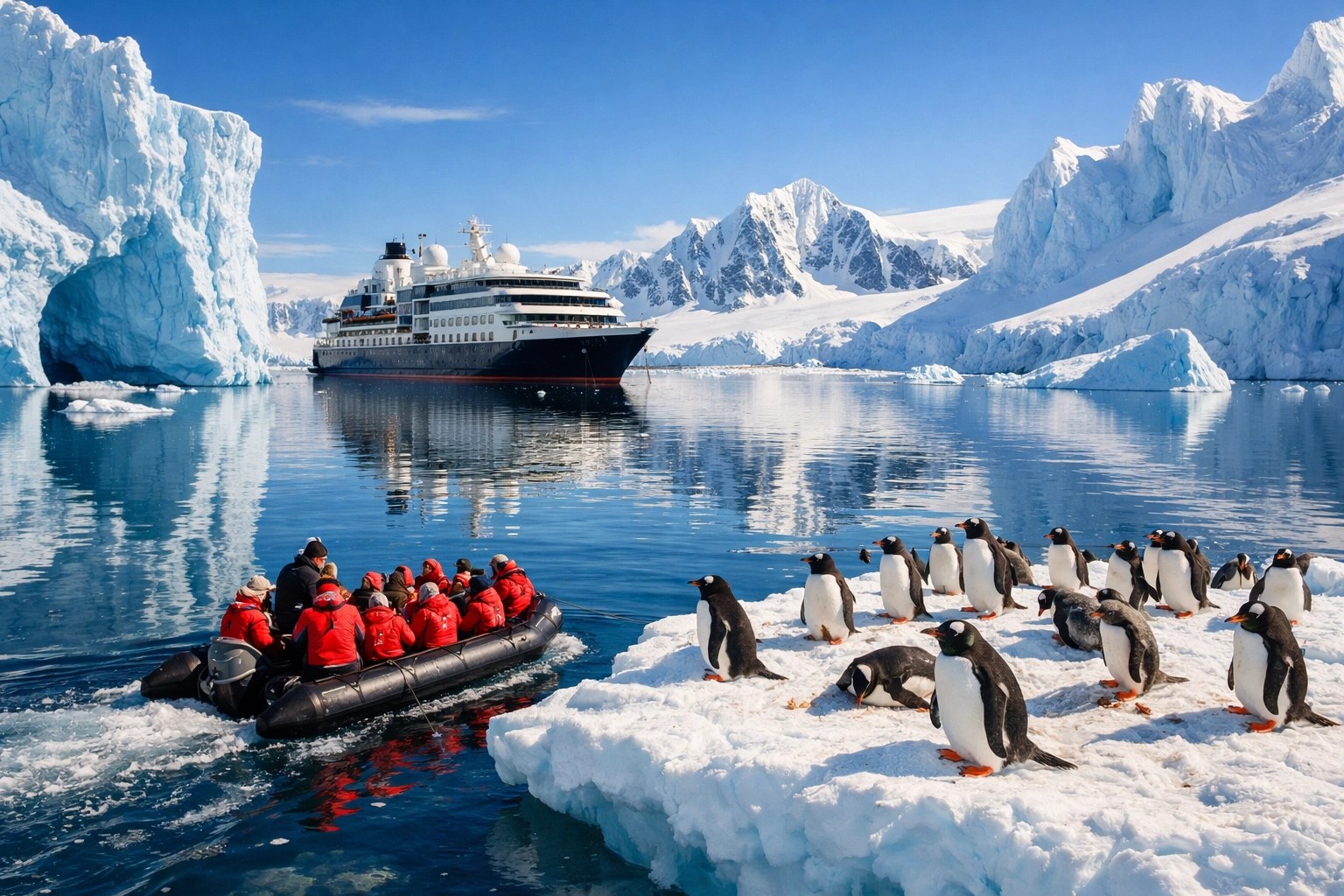 Luxury expedition ship and zodiac boat near penguin colony in Antarctica