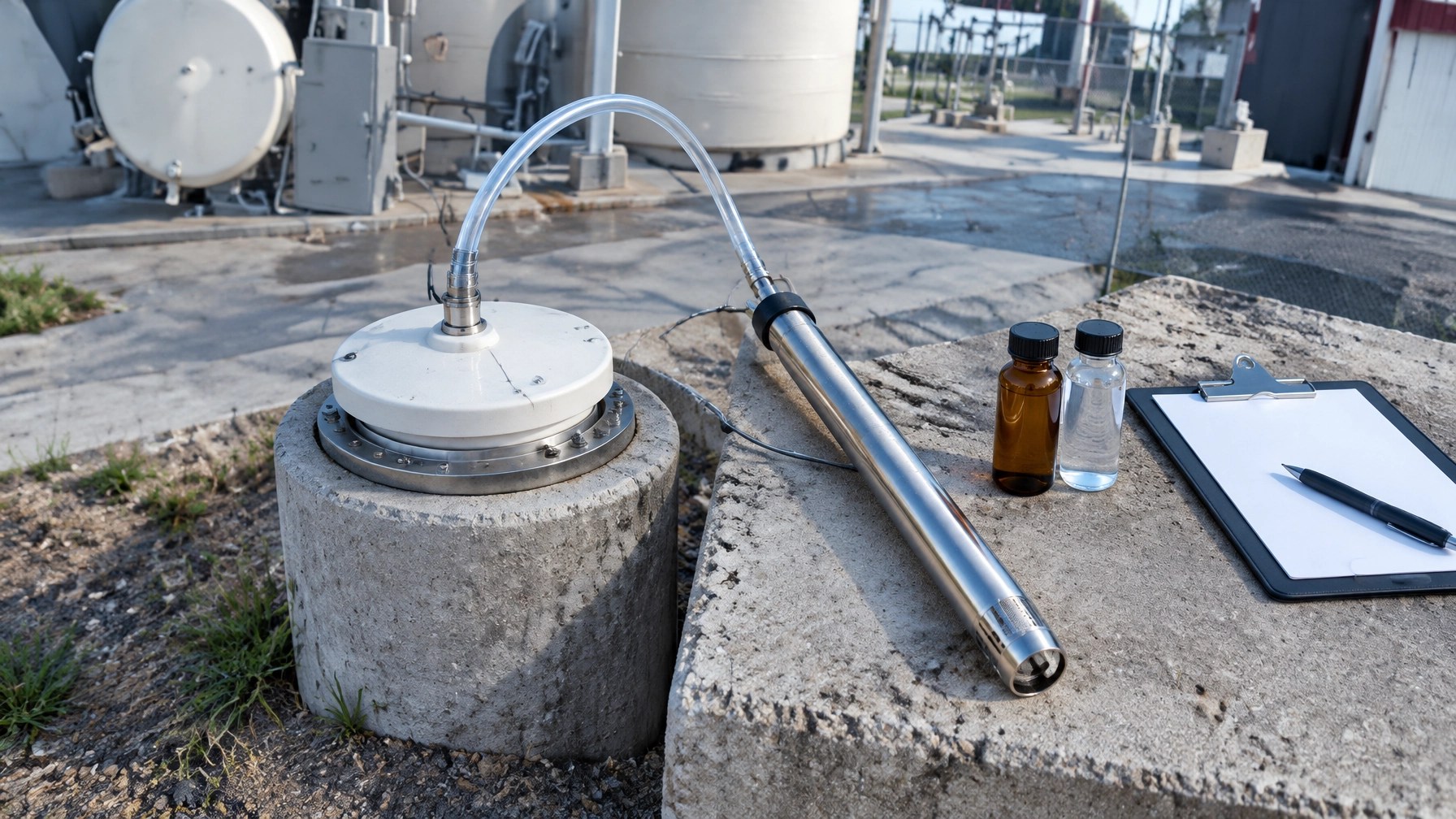 Technical view of a New Jersey groundwater monitoring well and PFAS sampling equipment