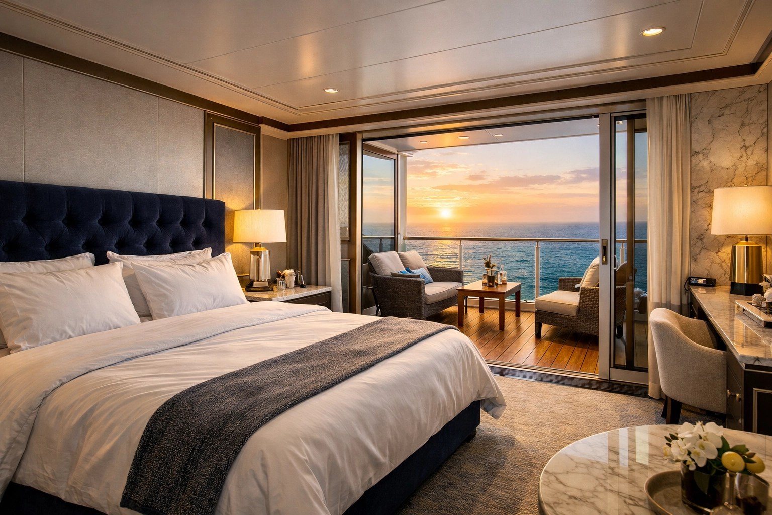 Luxury cruise suite with a private ocean view balcony and plush bed for a 2026 zero-stress vacation.