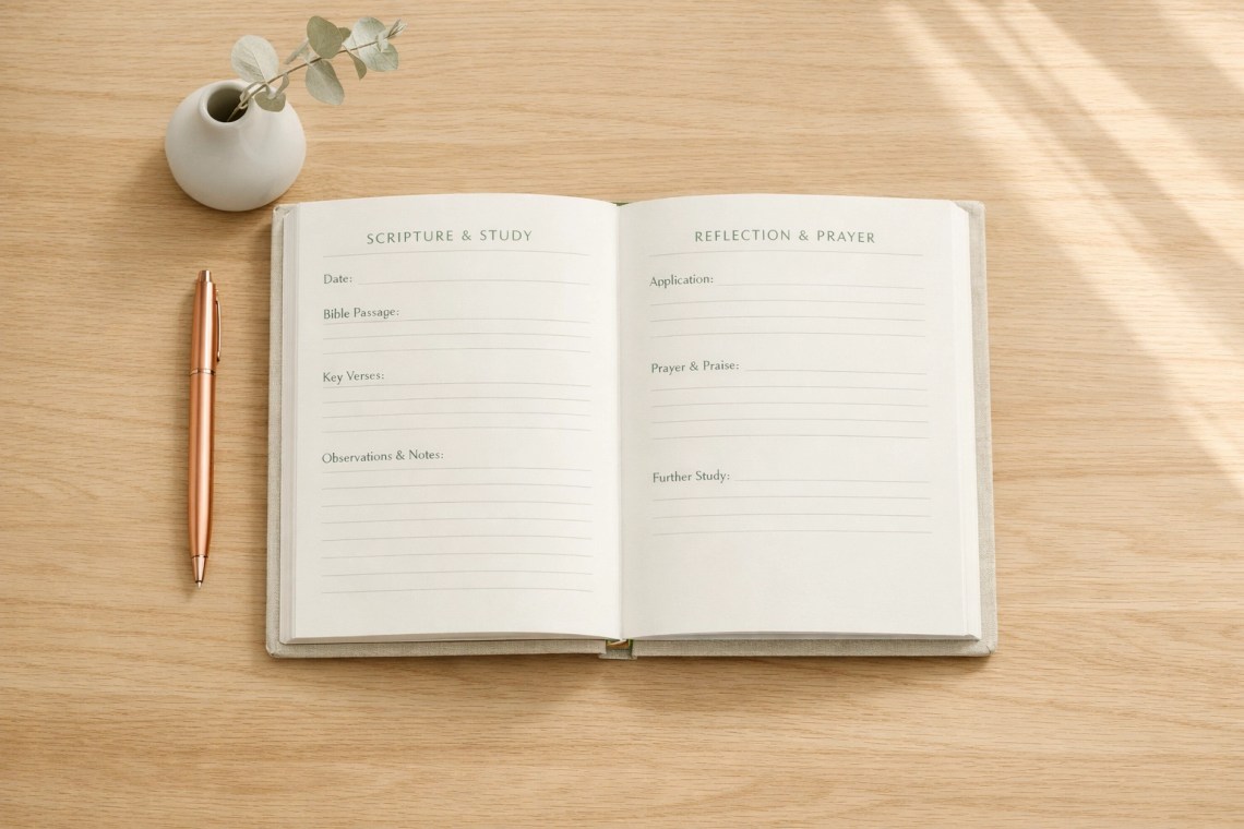 Minimalist open Bible study planner on a desk, representing consistent daily faith habits.