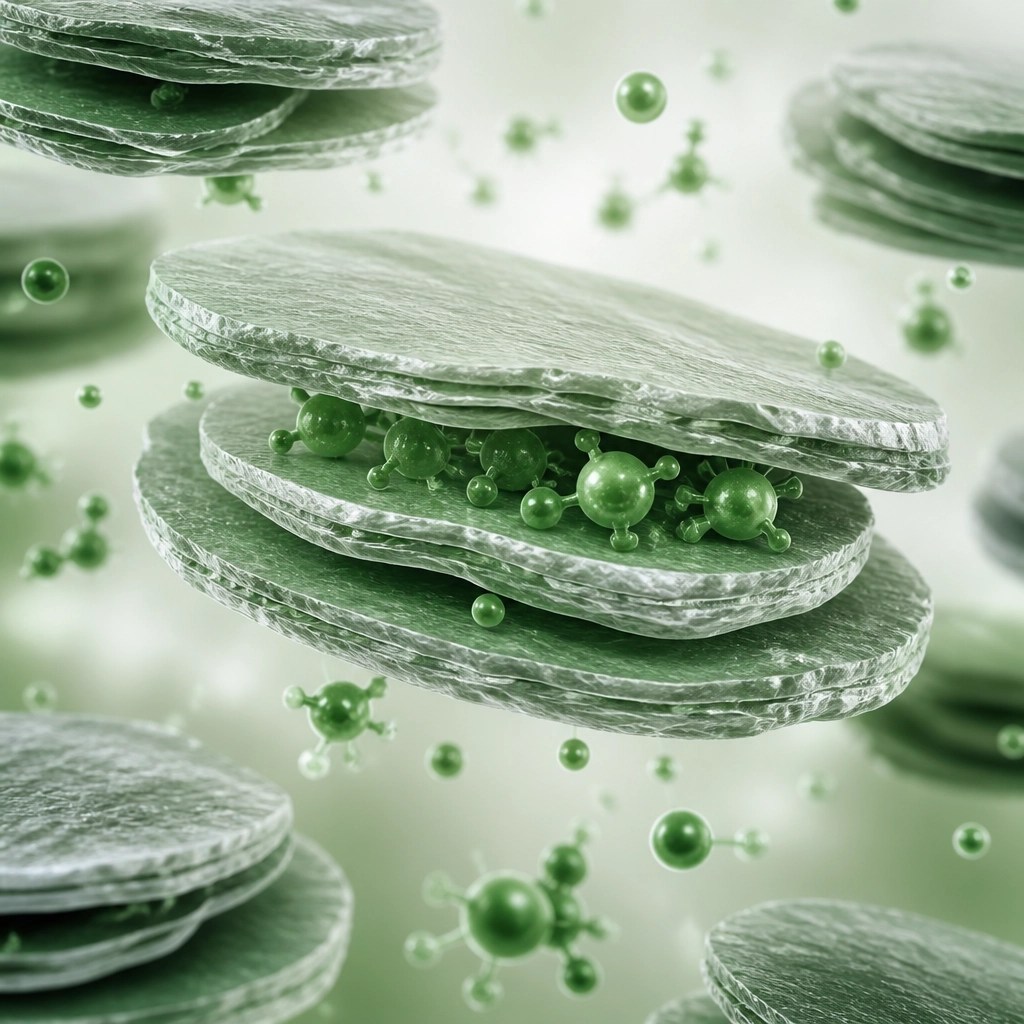 Microscopic illustration of clay particles binding to toxins