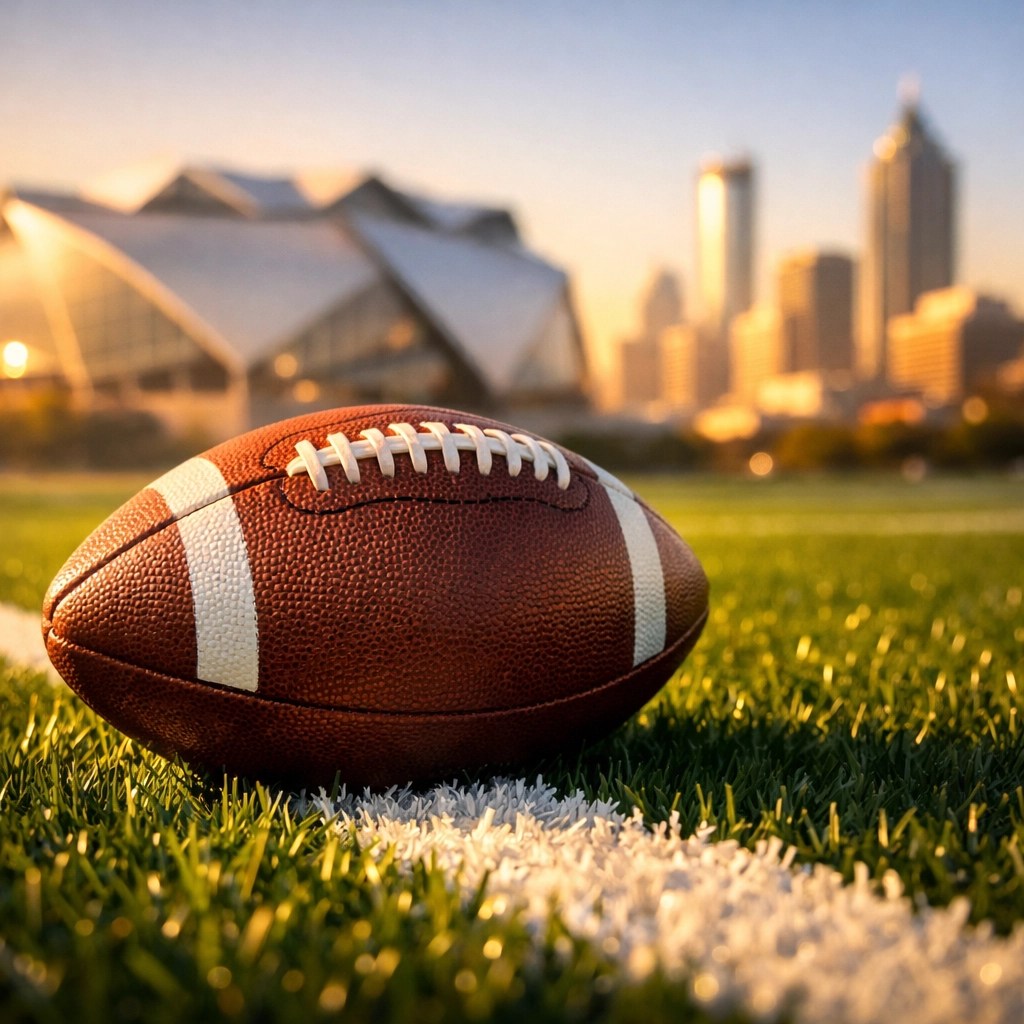 Close-up of a football on an Atlanta field with the city skyline, representing the elite Georgia recruiting stage.