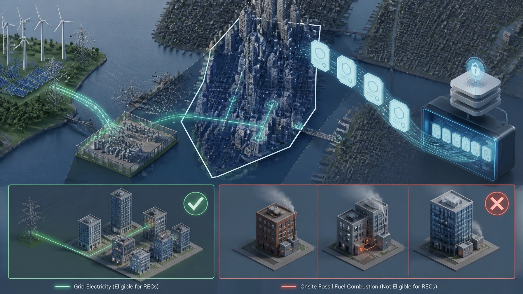 Technical visualization of renewable power entering NYC Zone J and being tracked through REC accounting