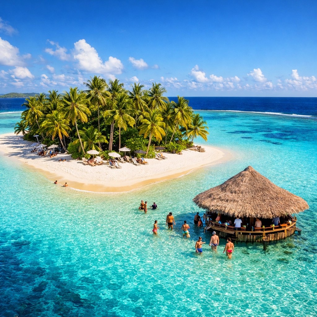 Aerial view of Motu Mahana, a private island paradise exclusive to Paul Gauguin Cruises.