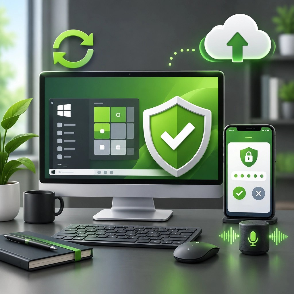 Windows-style desktop with an MFA prompt, protected cloud backup, and system security icons
