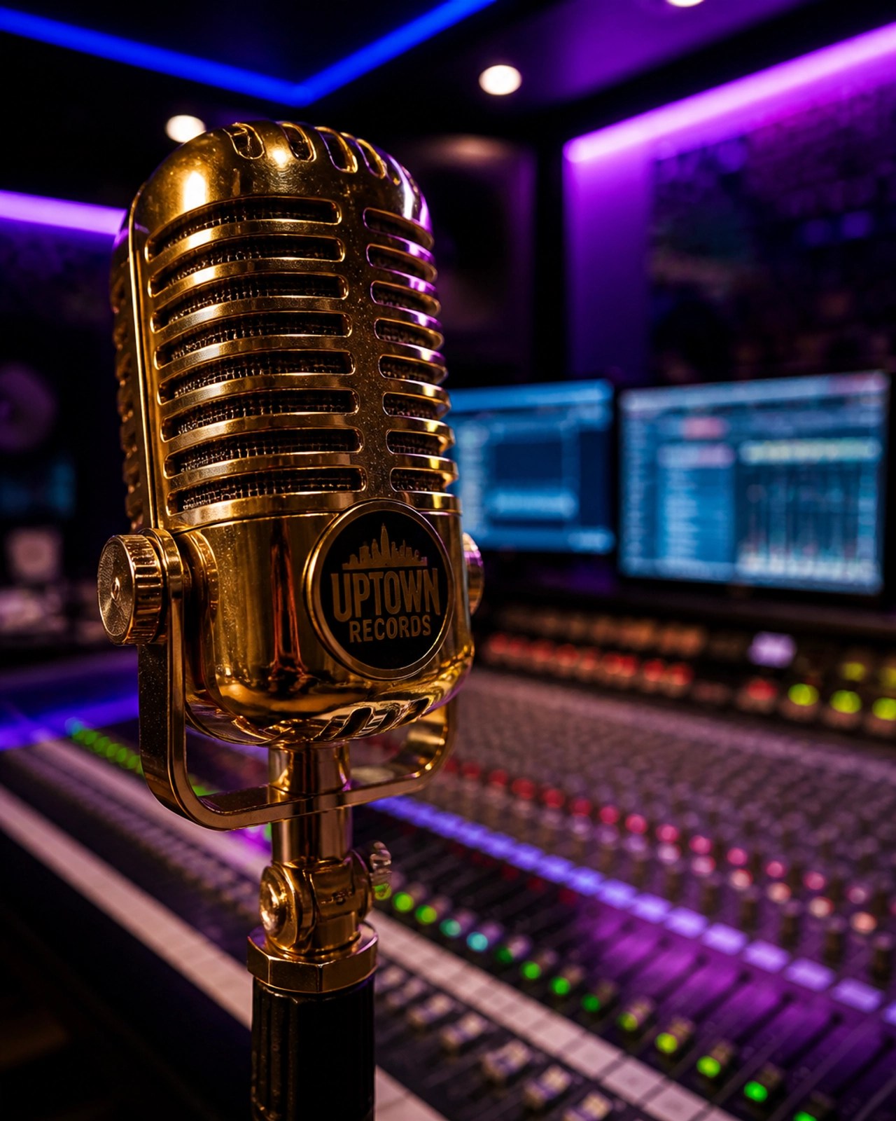 A gold microphone in a neon-lit urban recording studio representing the Uptown sound
