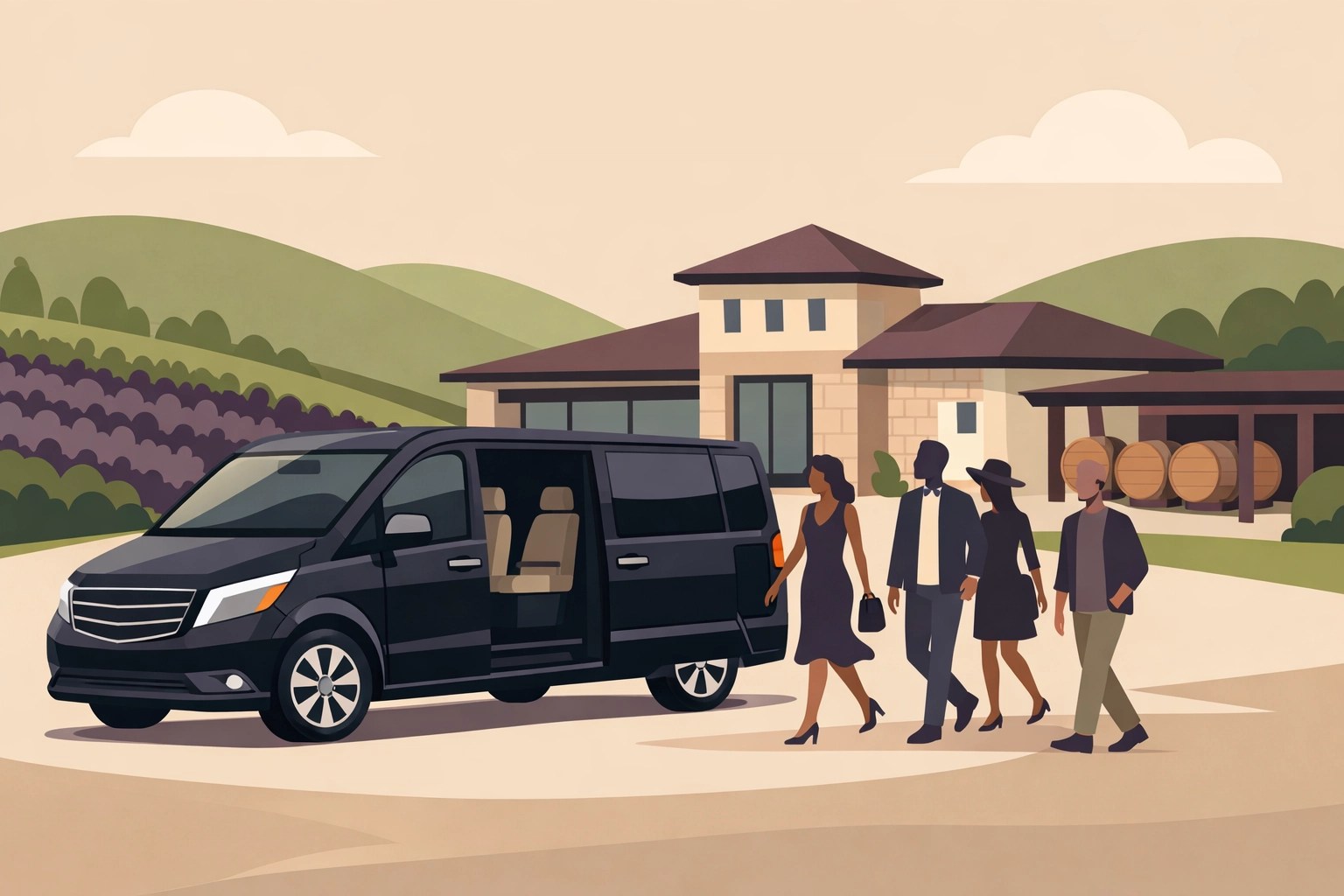 Elegant passenger van arriving at a Loudoun winery for a sophisticated birthday wine tour.