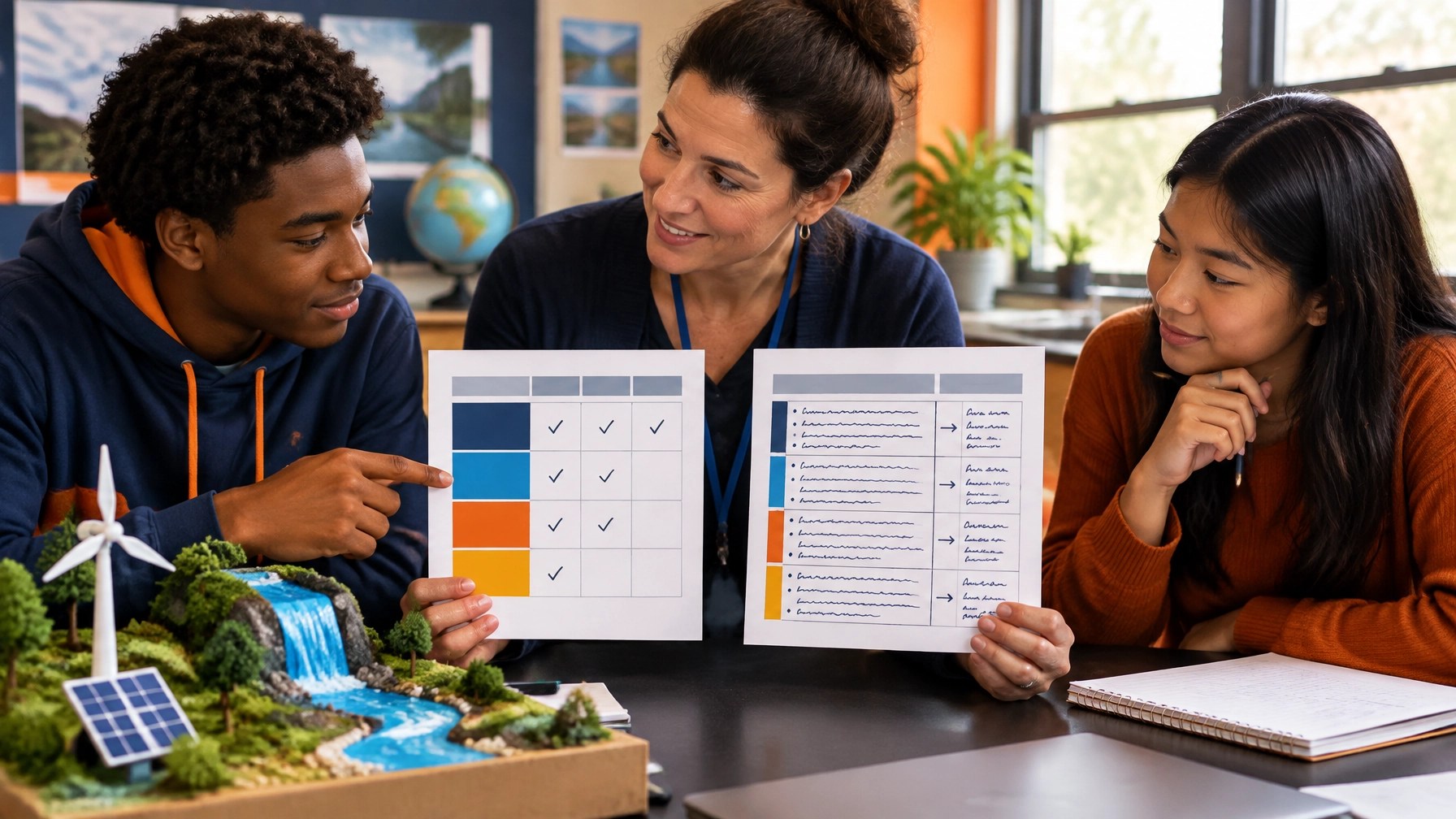 Teacher and students comparing vague and descriptive rubric language