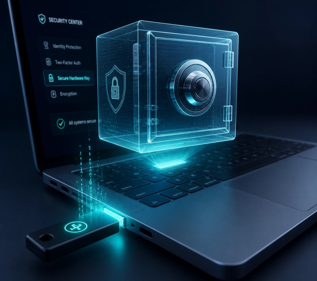 A professional laptop secured by a physical hardware security key for robust multi-factor authentication.