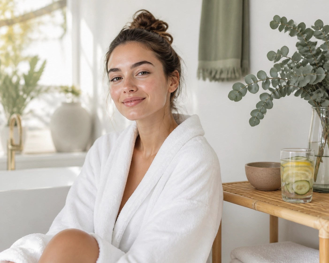 A relaxed person with glowing skin after a detoxifying green clay treatment in a spa-like setting.