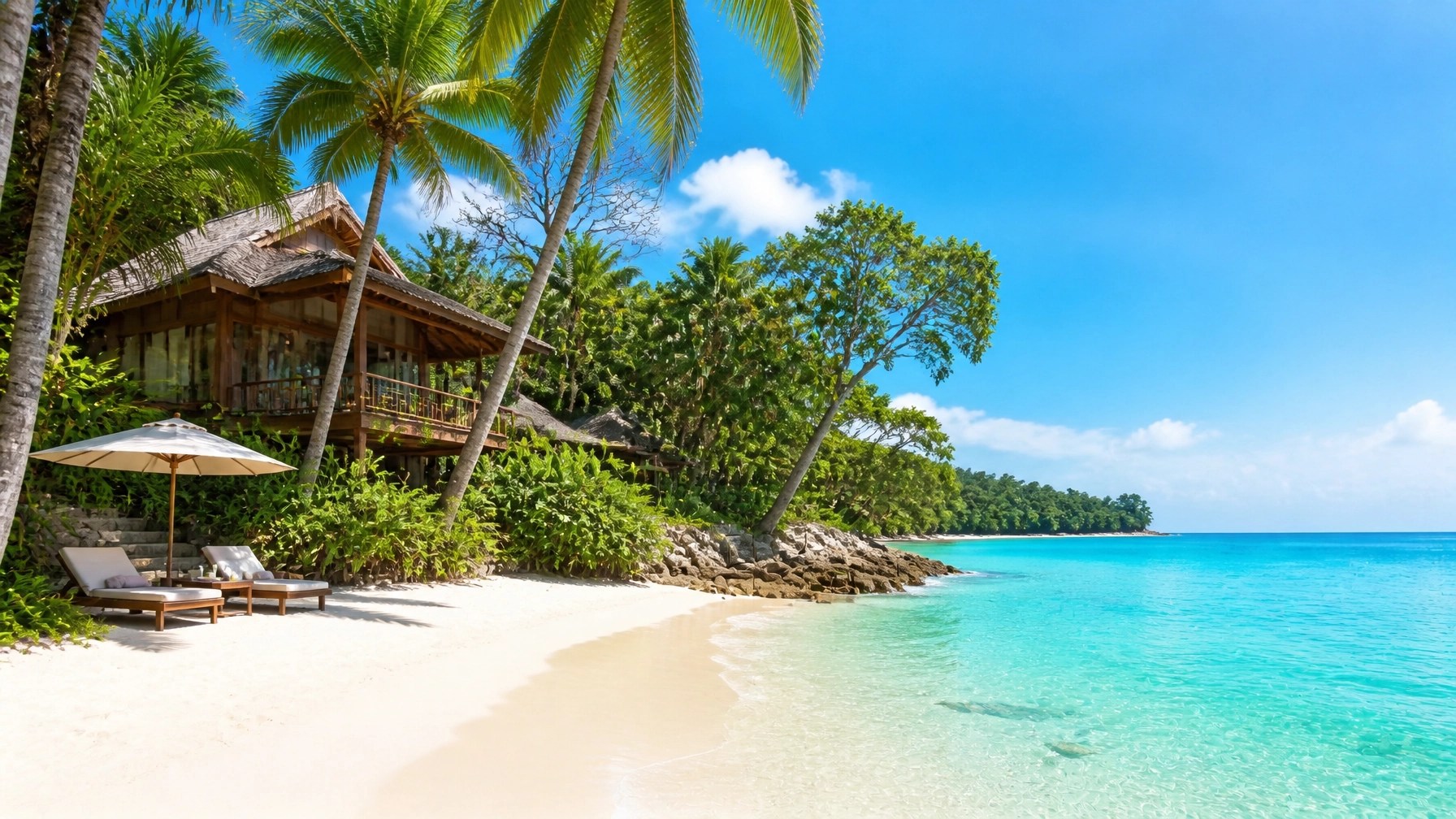 Quiet Thai beach retreat with boutique villa, tropical foliage and turquoise sea in bright daytime sunlight