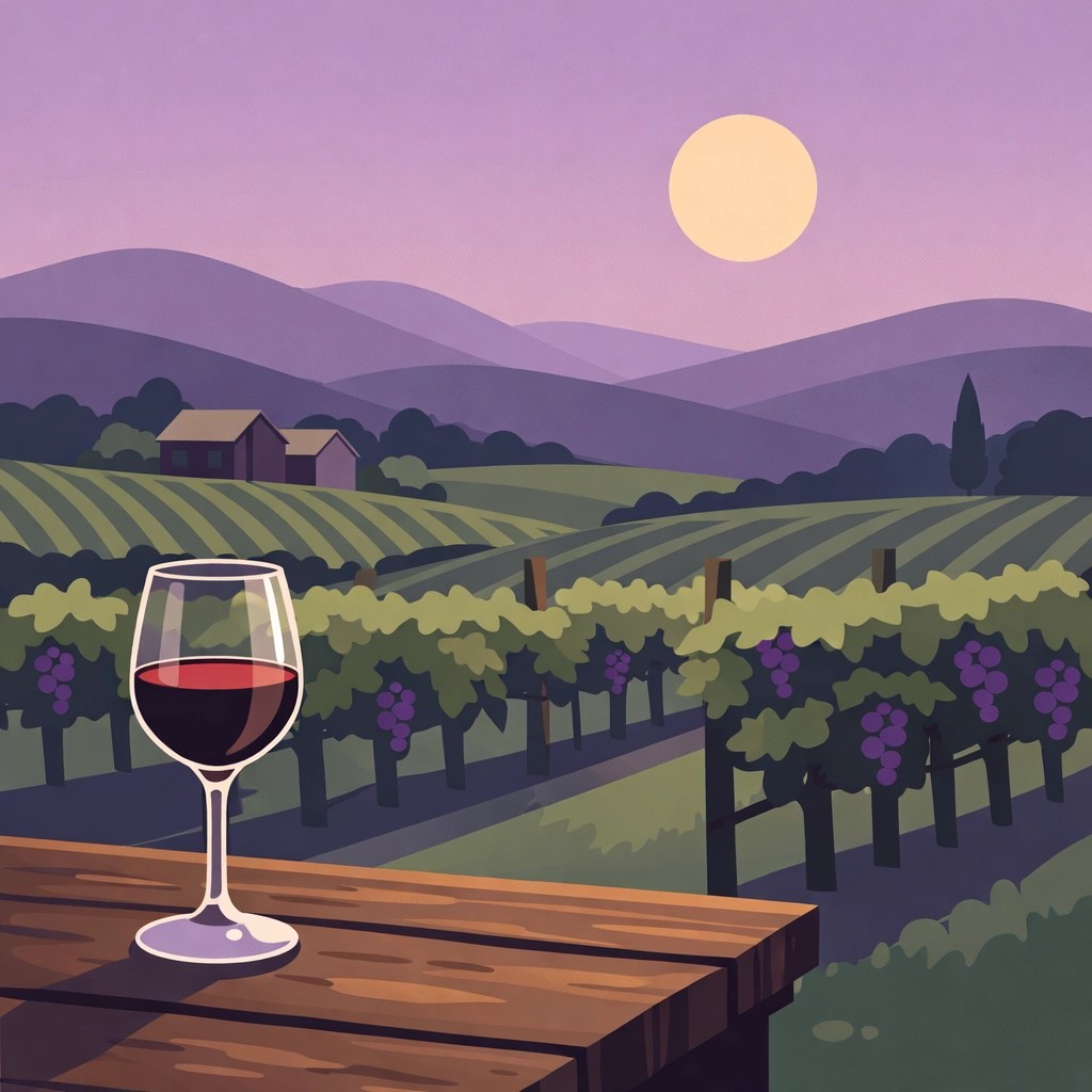 Elegant wine glass on a rustic table overlooking a peaceful Northern Virginia vineyard at sunset.