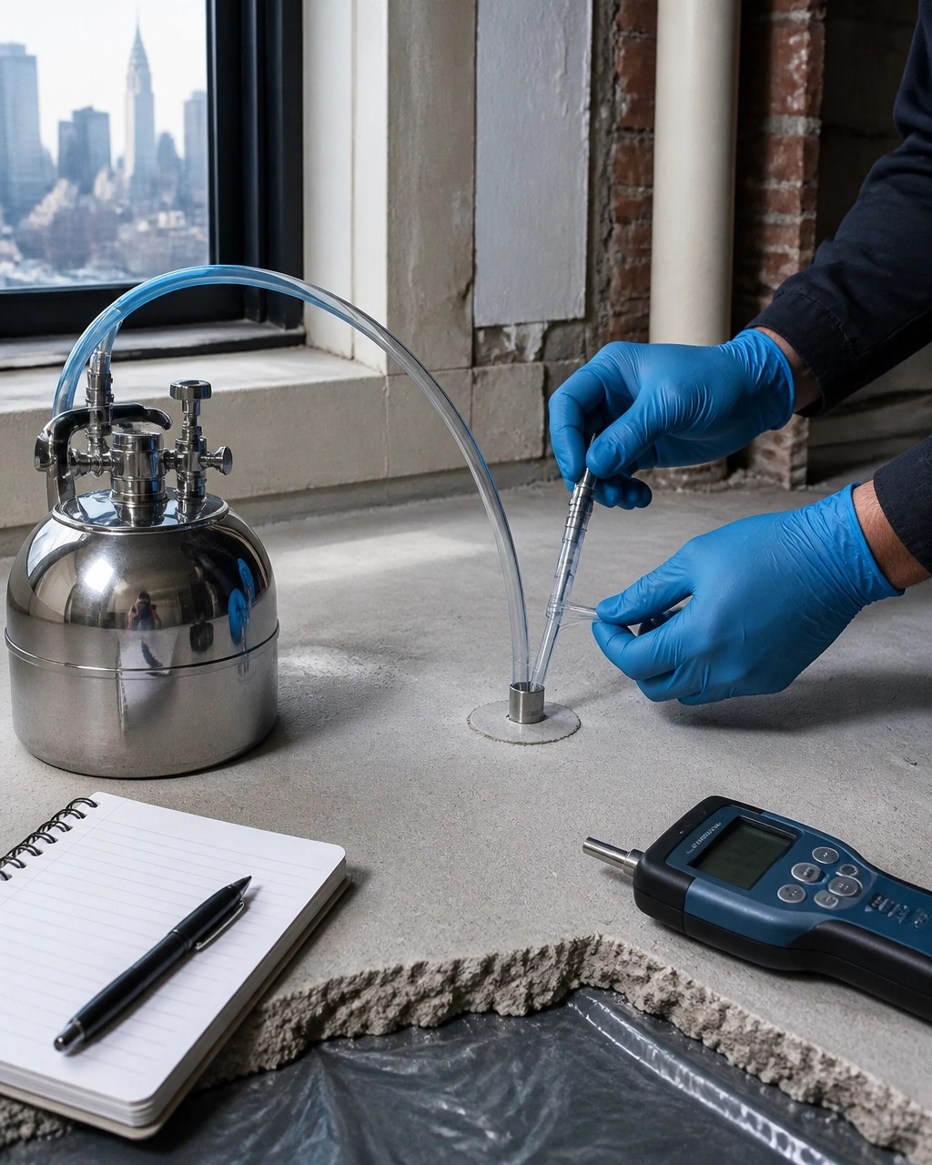 Close technical view of a sub-slab vapor sampling point, evacuated canister, tubing, and field instruments in an urban basement